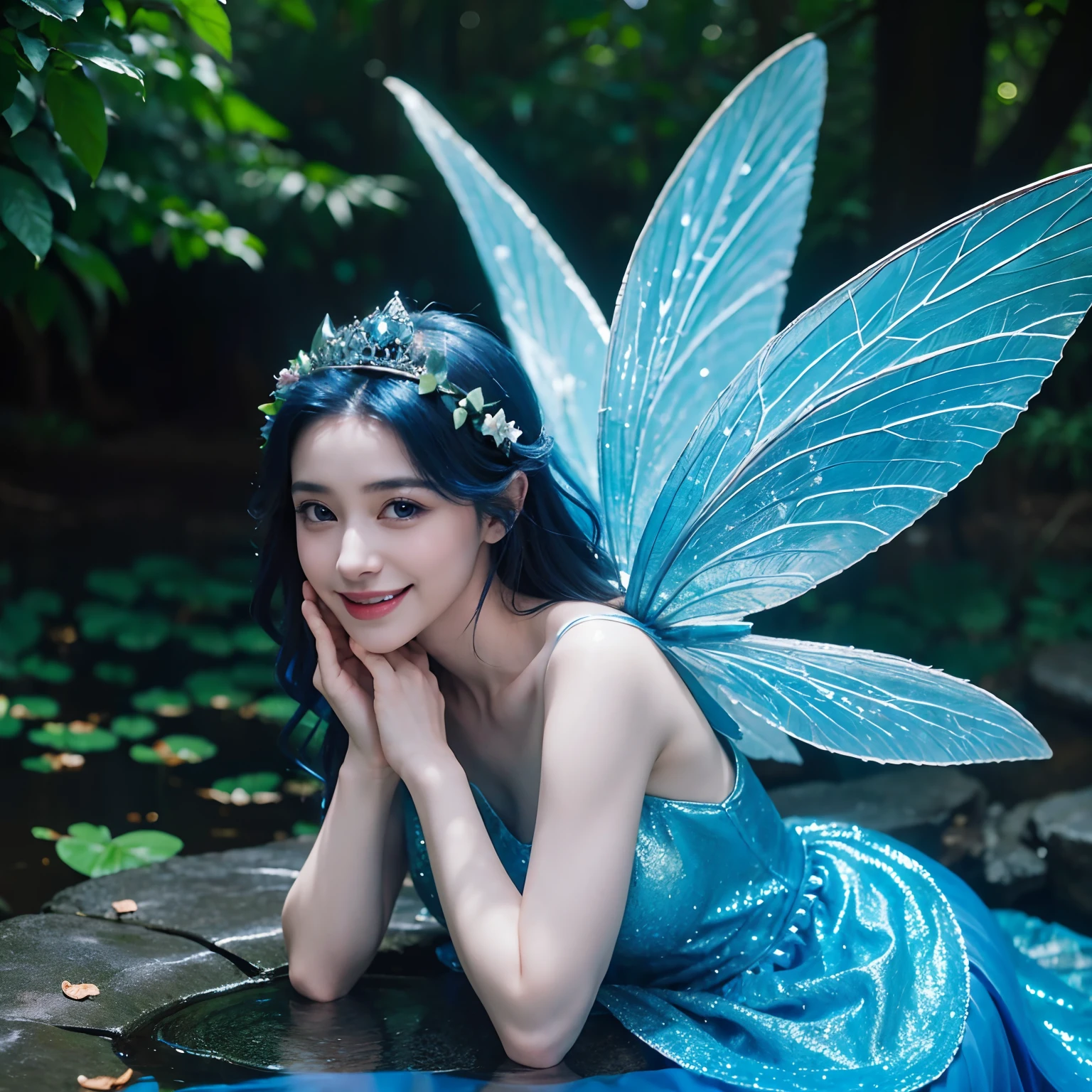 araffe fairy in a blue dress posing for a picture, smiling as a queen of fairies, fairy, beautiful fairy, beautiful adult fairy, with beautiful wings, portrait of a fairy, fairy look, faerie, beautiful adult book fairy, portrait of fairy, fairy wings, fairies have wings, young wan angel, with real wings, water fairy, fairies