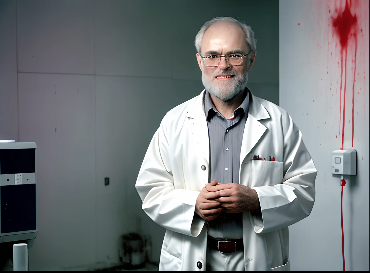 In a dark and foggy environment, Harold Shipman is depicted standing, his posture erect and domineering. He wears a white medical coat, traditionally immaculate, but in this setting, it is stained with blood, spatter and jagged marks extending from his chest to his legs.