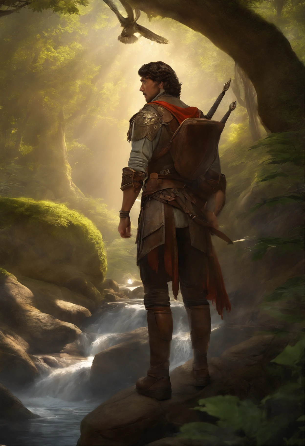 The main theme of the image is "Erik's journey towards the search for the Dragon's Tear". The following is a detailed prompt for Stable Diffusion:
(best quality,4k,8k,highres,masterpiece:1.2),ultra-detailed,(realistic,photorealistic,photo-realistic:1.37),HDR,UHD,studio lighting,ultra-fine painting,sharp focus,physically-based rendering,extreme detail description,professional,vivid colors,bokeh,portraits,landscape,horror,anime,sci-fi,photography,concept artists.
Erik, a young adventurer with determination in his eyes, stands on the edge of a breathtaking cliff, overlooking a picturesque landscape. The scene is bathed in warm, golden sunlight, casting long shadows on the rocky terrain below. Erik's gaze is fixed upon the distant horizon, where a majestic dragon soars through the sky, its iridescent scales shimmering in the light.
Surrounding Erik, a dense forest teems with life, its lush green foliage providing a vibrant backdrop to his quest. Ancient trees tower overhead, their gnarled branches reaching towards the heavens. Rays of sunlight filter through the leaves, creating a dappled effect on the forest floor. In the distance, a gentle stream meanders its way through the woodland, its crystal-clear waters reflecting the surrounding nature.
Erik's attire reflects his adventurous spirit - a rugged leather jacket adorned with pockets and straps, paired with sturdy boots that have weathered many trails. The wind rustles through his tousled brown hair, adding a sense of movement to the scene. He carries a trusty backpack, filled with essential supplies for his journey, and a gleaming sword hangs at his side, ready to defend against any dangers that may arise.
As Erik progresses on his quest, he encounters mythical creatures along the way. A mystical unicorn, its pure white coat contrasting against the vibrant surroundings, stands gracefully nearby, its silver horn glinting in the sunlight. A wise old sage, draped in flowing robes adorned with intricate symbols, of