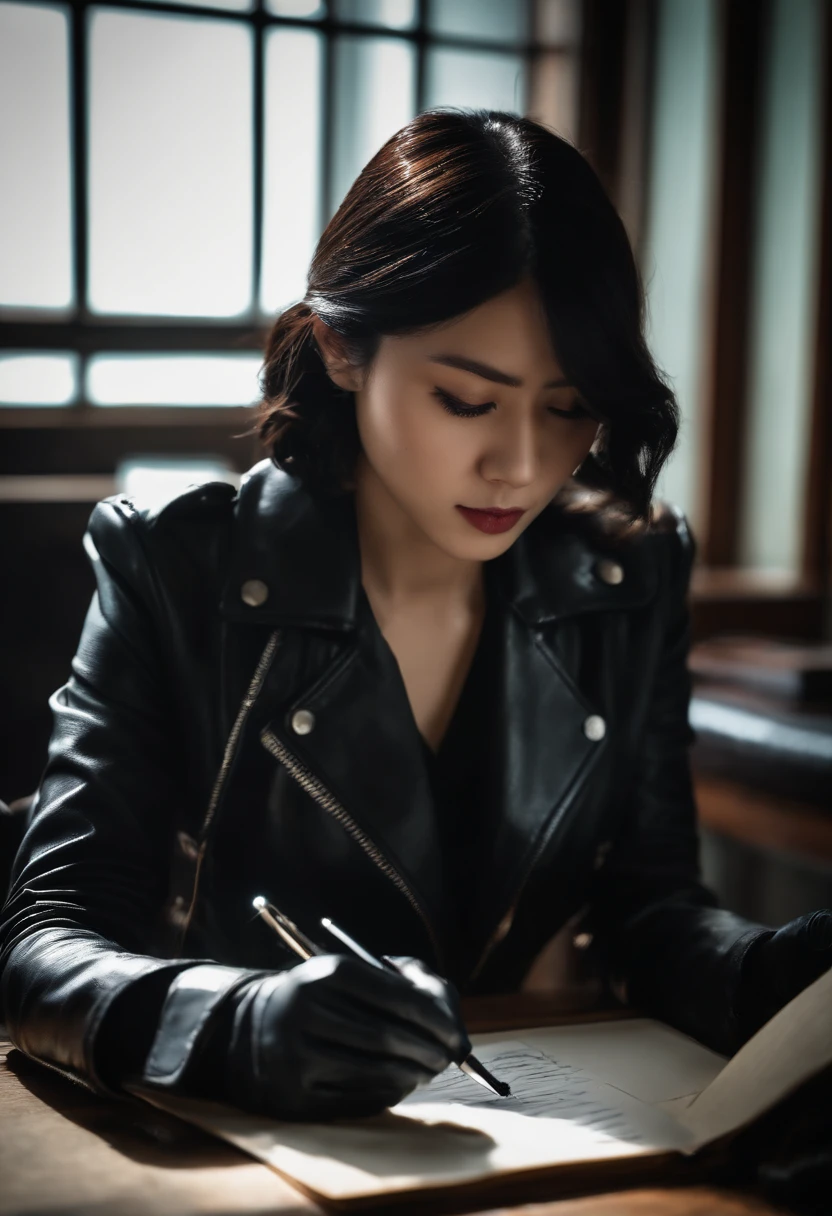 Wearing black leather gloves on both hands, Upper body, Black leather riders jacket, Writing a letter with a fountain pen on the desk, Black hair, Long Straight, Young japanese lady