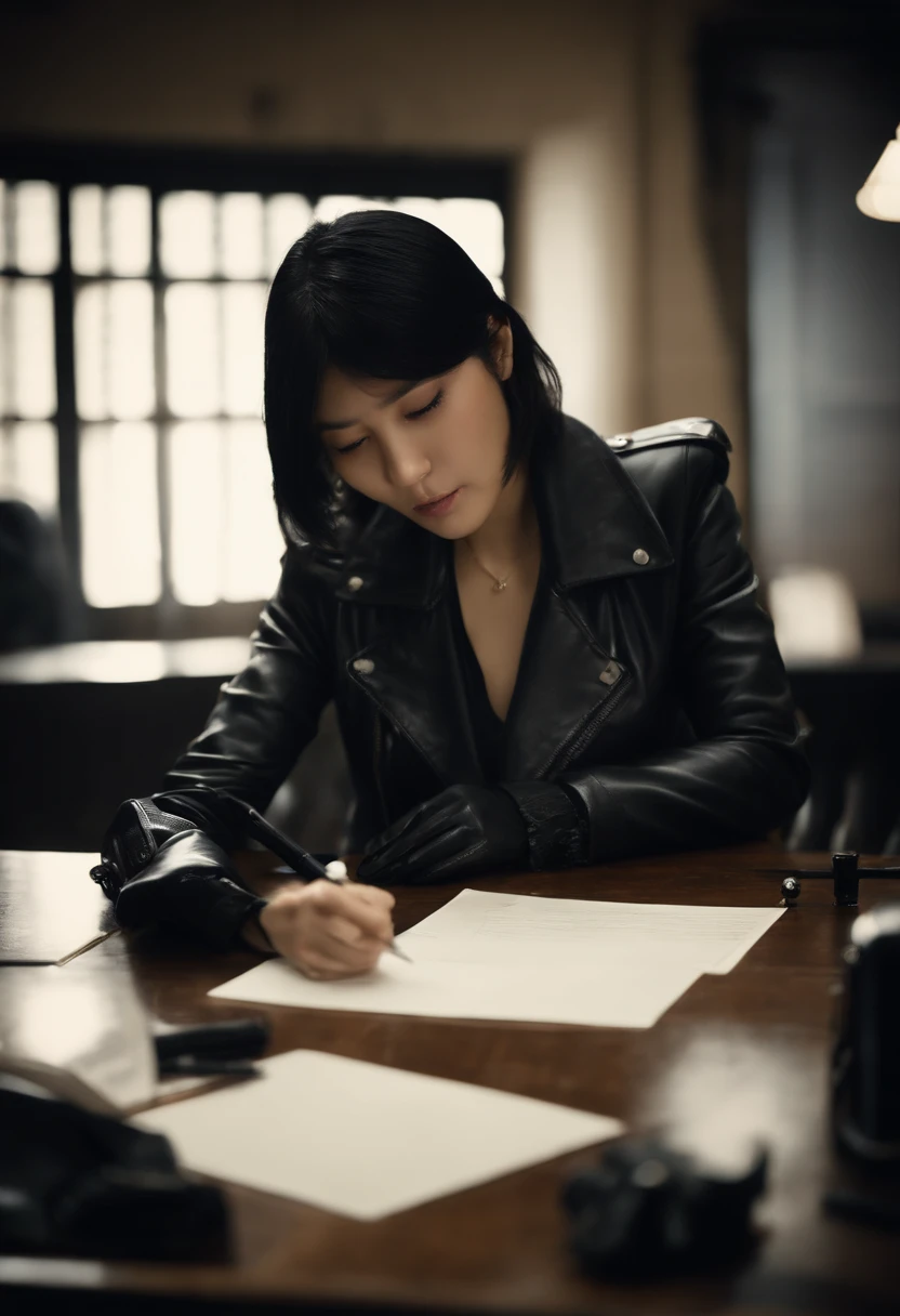 Wearing black leather gloves on both hands, Upper body, Black leather riders jacket, Writing a letter with a fountain pen on the desk, Black hair, Long Straight, Young japanese lady