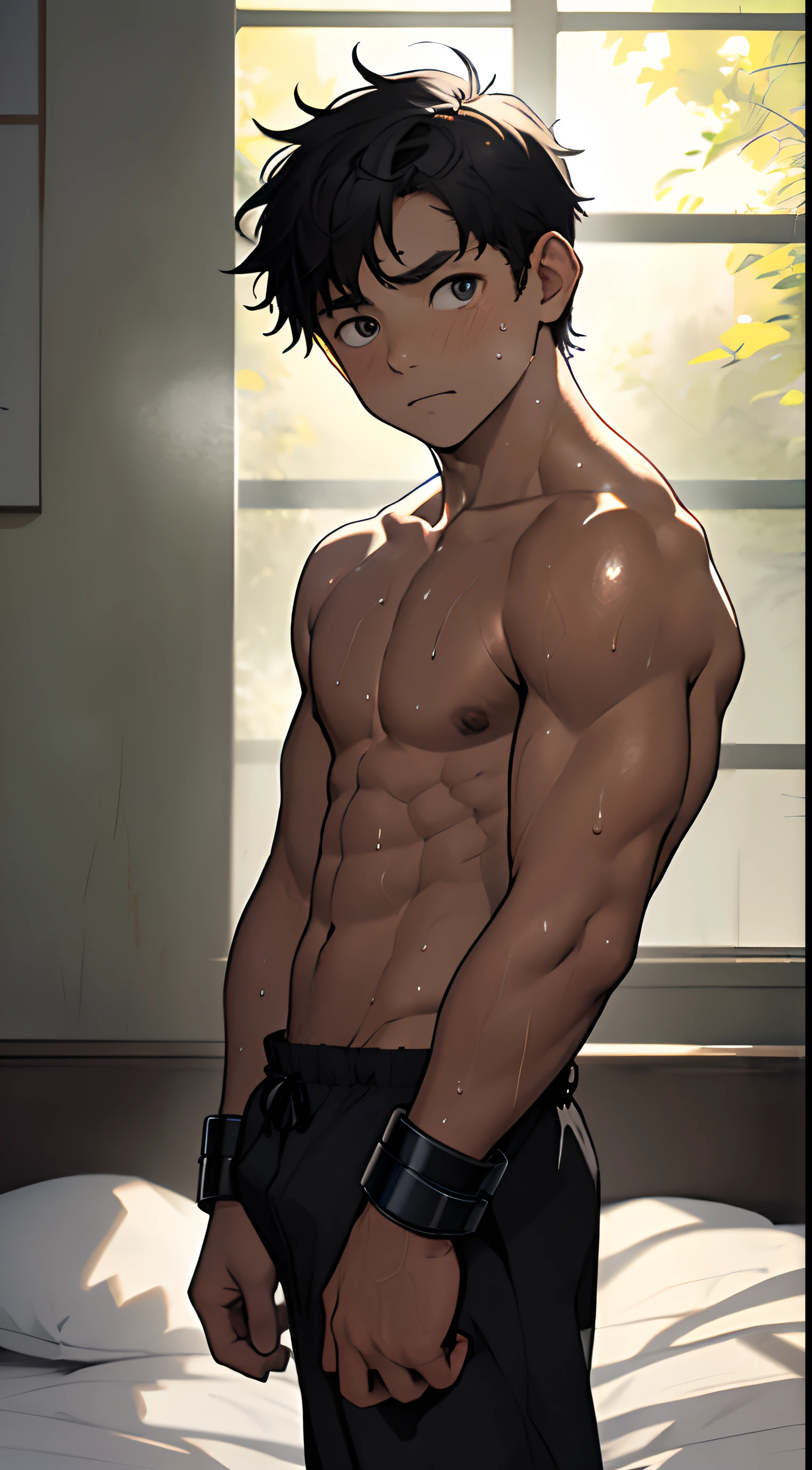 (masterpiece, Best Quality),The whole body of boy, restrained arms,handcuffs,(younge boy),ager face,Body tilt,delicate big eyes,Open your eyes,,smooth and delicate skin,Short square face,Surprised expression,infancy,young age,short round face,Flat chin,finely detaild face,well-muscled,short bright black hair,with an intricate,nakeness,(backbone:1.2),the night,vivd colour,(depth of fields:1.2),Raised sexy,,bed room, (sweating)