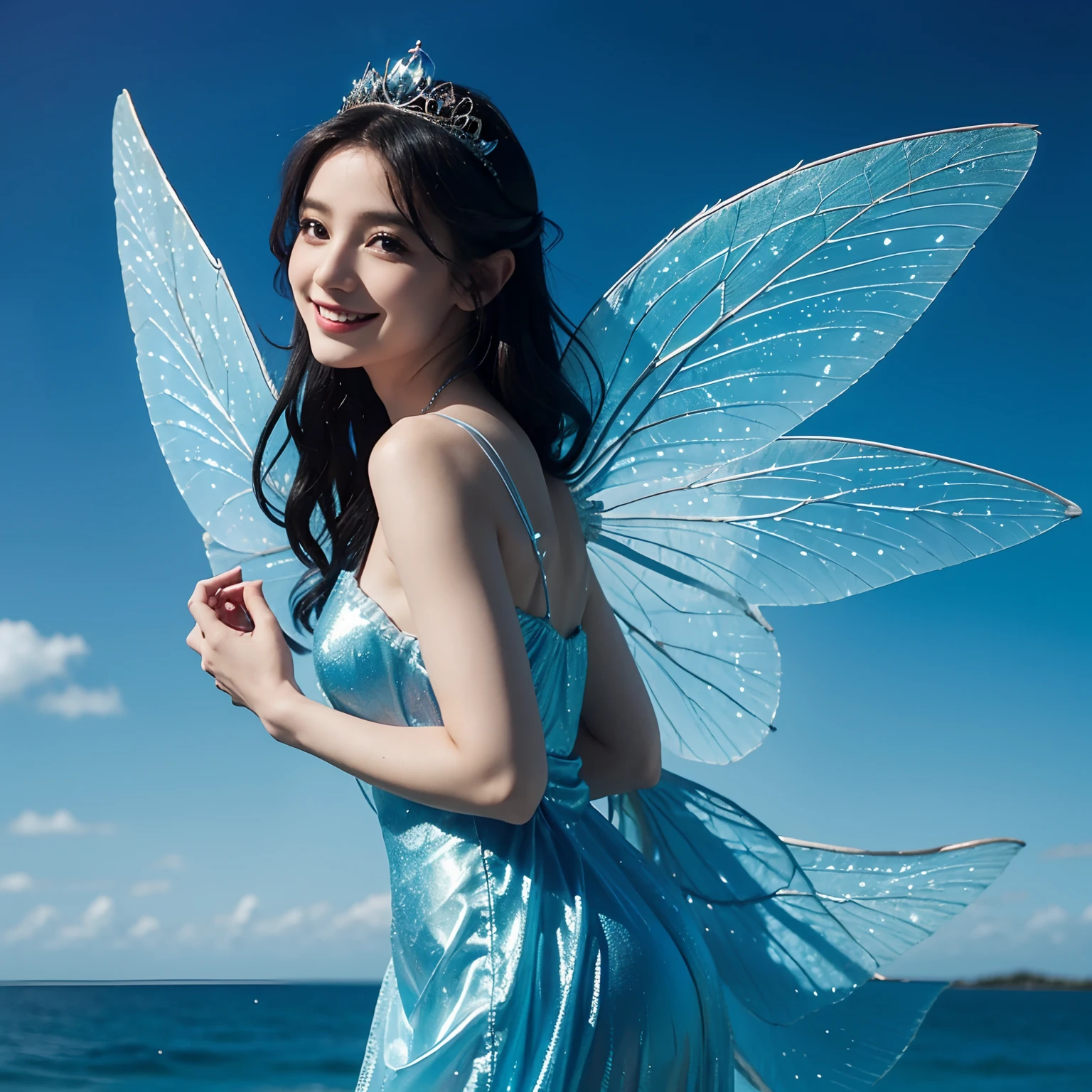 araffe fairy in a blue dress posing for a picture, smiling as a queen of fairies, fairy, beautiful fairy, beautiful adult fairy, with beautiful wings, portrait of a fairy, fairy look, faerie, beautiful adult book fairy, portrait of fairy, fairy wings, fairies have wings, young wan angel, with real wings, water fairy, fairies