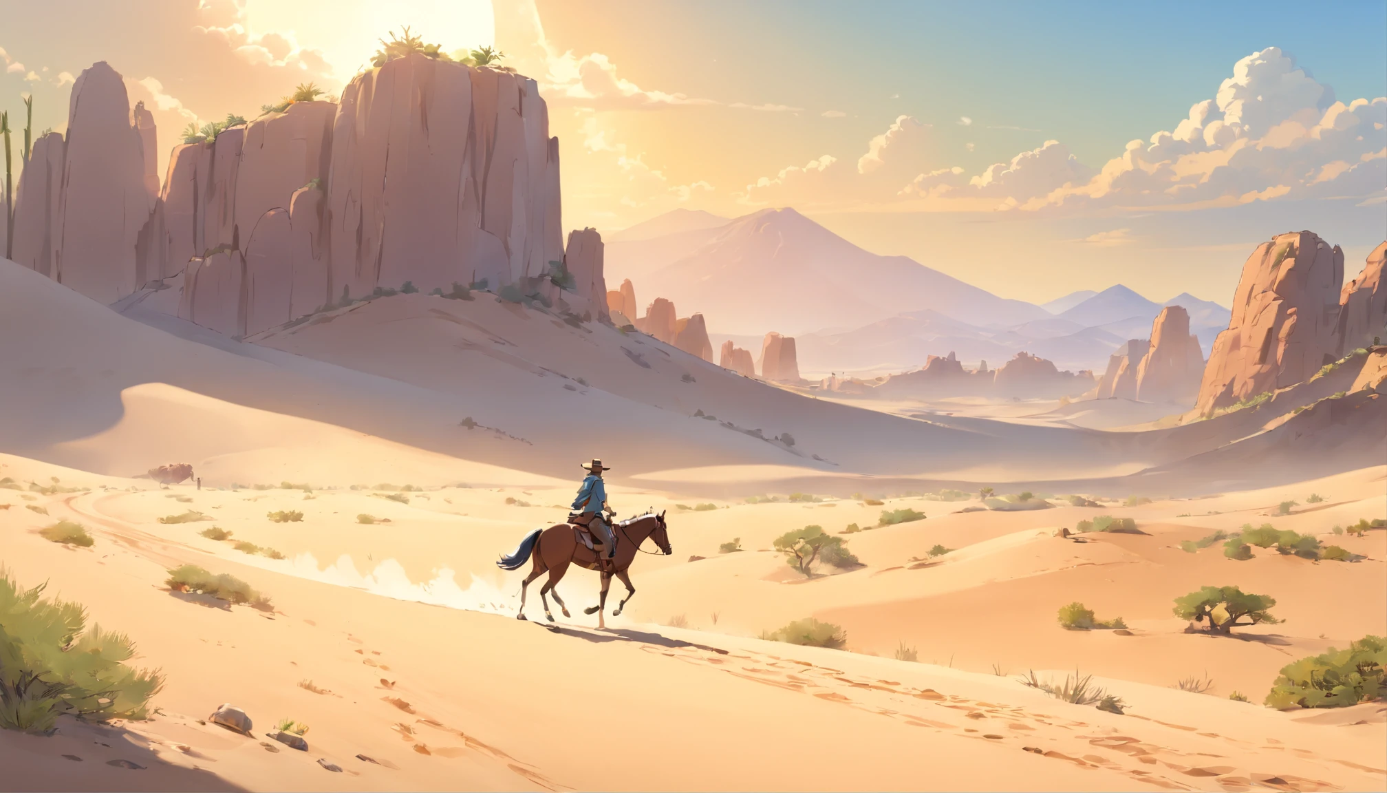 (best quality,4k,8k,highres,masterpiece:1.2),ultra-detailed,(realistic,photorealistic,photo-realistic:1.37),desert landscape,boy riding horse,boy's detailed face,age boy riding away,boy in a cowboy hat,boy with determined expression,dusty atmosphere,hot sunny day,lonely horizon,wide open space,barren sandy ground,distant mountains,endless desert,scorching sun,desolate scenery,strong shadows,trojan native,sand blowing in the wind,cactus plants,remote location,exquisite cowboy outfit,wilderness adventure,retreating into the unknown,faraway destination,hopeful journey,saddled horse,kicking up dust,subtle warm color tones,sun-kissed skin,dappled sunlight on the sand,equestrian exploration,unbeatable spirit,brave young rider,uncharted territory,boundless sky,horse galloping,adventurous spirit,escaping the mundane,free-spirited,promising future,mysterious aura.