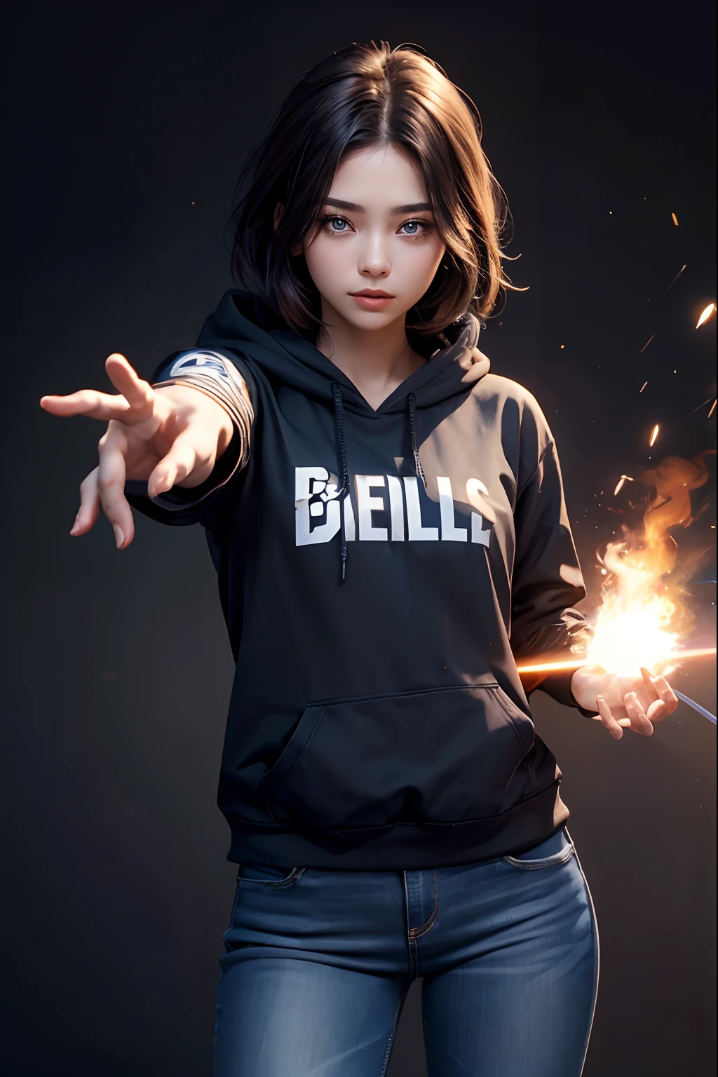 One Beautiful Woman。Details of face。Masterpiece。Beautiful eyes。Thrust one hand forward、It is in a system to launch energy bullets。In hoodies、Wearing blue jeans。