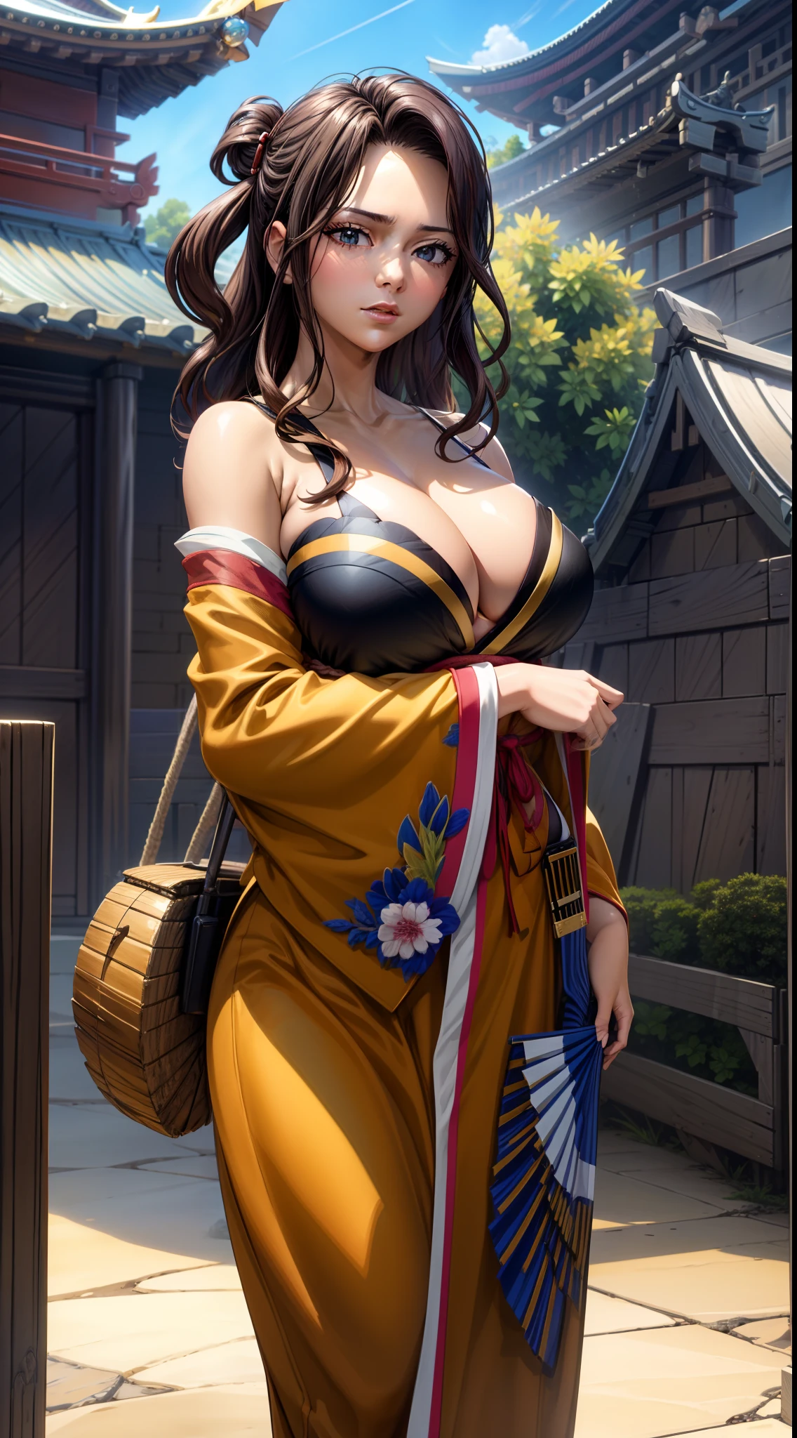 masterpiece, high quality, 8k, best quality, in front of the temple, outdoors,morning,day, sunlight, looking at viewer, wear a kimono, cleavage, big boobs, 1girl, masterpiece, absurdres , cinematic lighting,extremely detailed CG unity 8k wallpaper, cowboy shot, beautiful face, detailed face