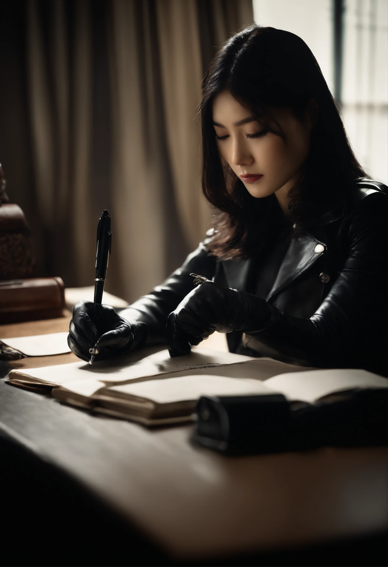 Wearing black leather gloves on both hands, Upper body, Black leather riders jacket, Writing a letter with a fountain pen on the desk, Black hair, Long Straight, Young japanese lady