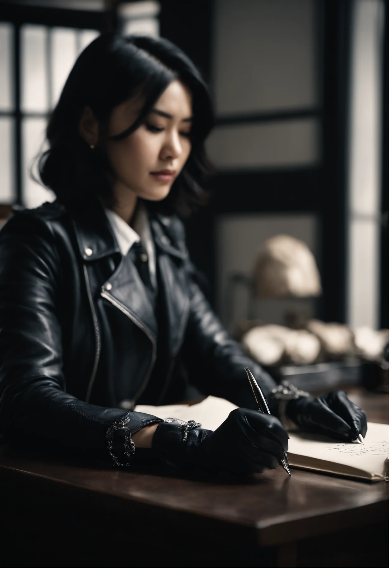 Wearing black leather gloves on both hands, Upper body, Black leather riders jacket, Writing a letter with a fountain pen on the desk, Black hair, Long Straight, Young japanese lady