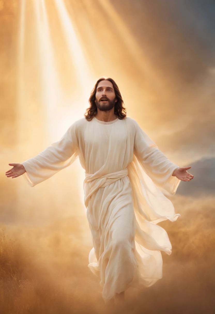 A visual representation of Jesus returning to heaven, com cores vibrantes e uma aura celestial.
