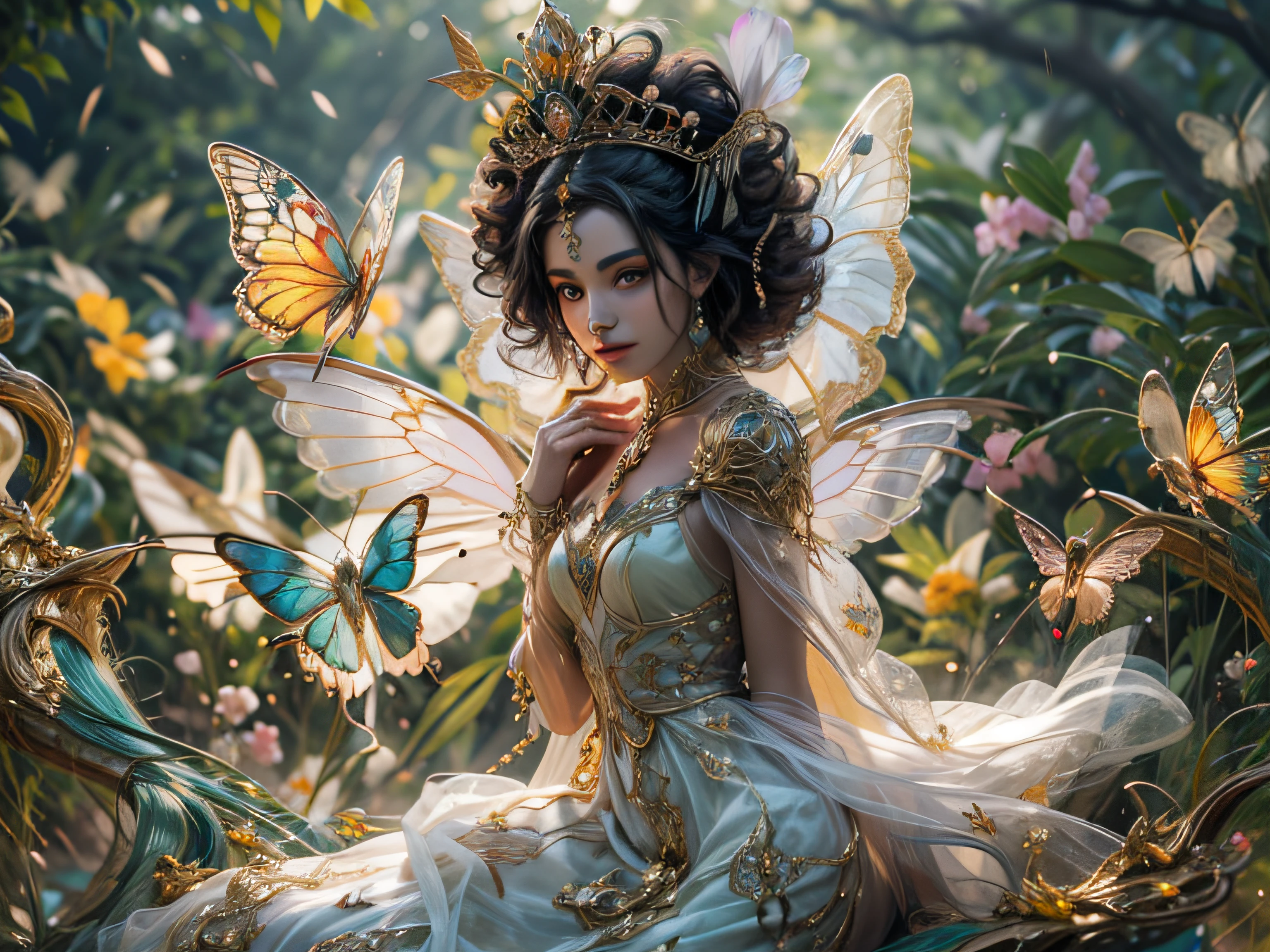 That's、It's a realistic fantasy masterpiece with plenty of sparkles, Glitter, e detalhes ornamentados intrincados. It produces a small woman with a beautiful delicate crown sitting on a garden swing at night. She is a beautiful and seductive butterfly queen with stunning curly black hair, (((Incredibly realistic and detailed dynamic eyes in bright colors with realistic shading))).  her skin is translucent white, Your eyes are shining, and her dress is elegant. Her dress is spun with delicate and fine gossamer silk, Complicado, Detalhes florais delicados e mangas de borboleta de seda dourada. His face is beautiful and lonely. Inclua flores que brilham no escuro, many particles, Fantasy: highly realistic butt fly with translucent wings, yolk color and fine details, E brilhe. Arte feita no estilo de Guviz、Artstation and Midjourney fantasy titles in vogue、Reminds the masters of this genre. Camera: Using dynamic composition techniques、Emphasizes ethereal delicacy and delicate details.