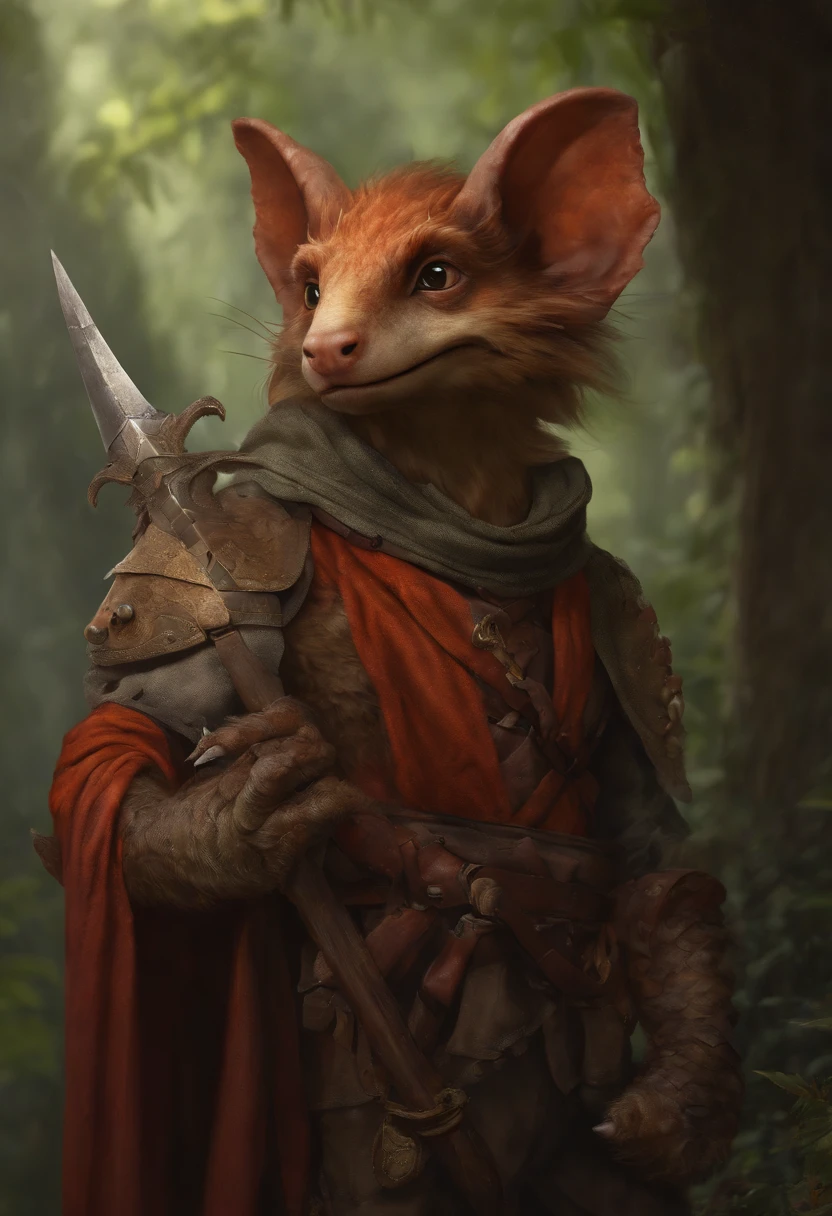 (((by Zackary911, by Kenket, by Kilinah))), solo male, bright orange skin, orange scales, (((Kobold)), (detailed kobold)) wearing a red cloak with a hood, green gem on the collar, bandaged thighs and bandaged chest, muscular toned, wearing full armour, squirrel ears, kobold tail, messy hair, front view, looking at the observer with an embarrassed smile, blush, holding a sword, perspective, finely detailed paws,