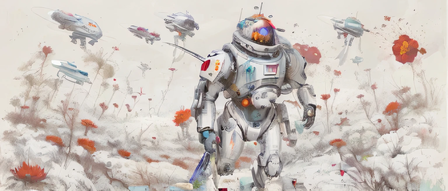 um desenho de um homem em um traje espacial caminhando por um campo de flores, sci - fi illustrations, sci-fi illustrations, arte sci-fi detalhada, arte sci fi, Sci-Fi Digital Art Illustration, sci - fi illustration, sci-fi illustration, sci - fi arte, science fiction art, arte sci fi, Epic Sci - Arte do Personagem de Fi: