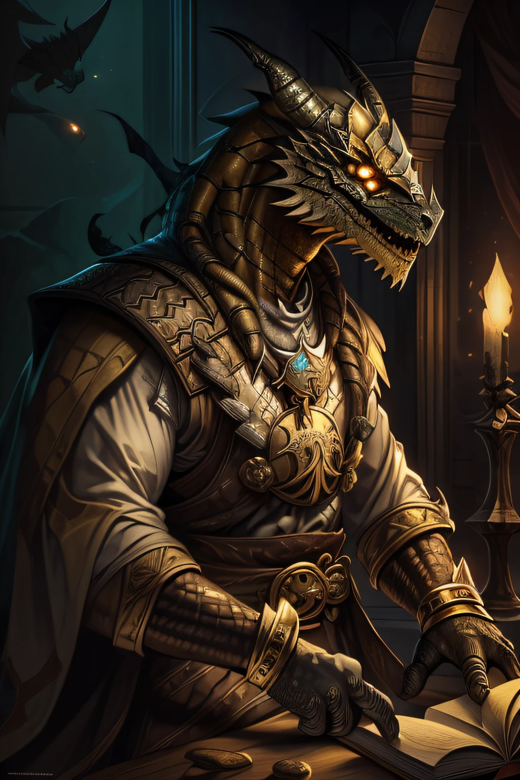 Dragonborn de ouro, sozinho, olhos amarelos, macho, sentado, Foco masculino, Chifres, dente, dentro, armadura, livro, brilhante, dentes Sorriso, armadura de ombro, Manoplas, pauldrons, vela , ((master part, best quality)),