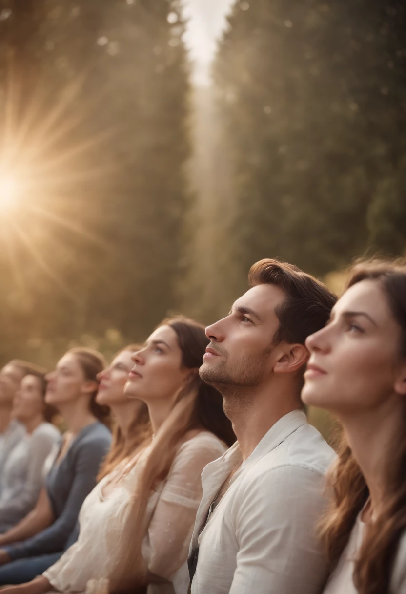 A scene of Christian people looking up at heaven with anticipation, esperando o arrebatamento.