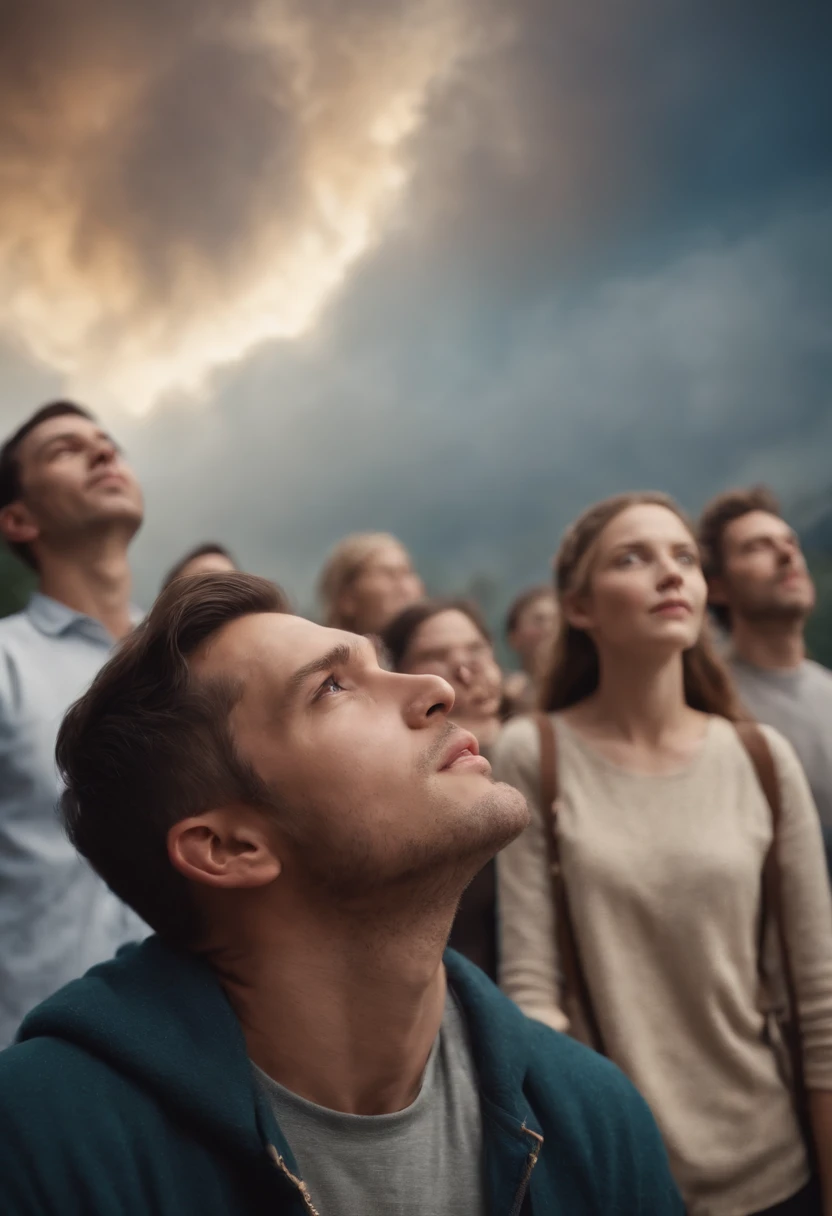 A scene of Christian people looking up at heaven with anticipation, esperando o arrebatamento.