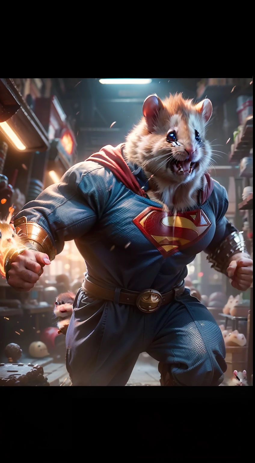 Craft a highly detailed and comical character—a super idiot cute hamster with a lovably foolish expression. Picture the hamster attempting to engage in superhero antics, perhaps wearing an ill-fitting Superman costume, and surrounded by unintended chaos that showcases its endearing clumsiness."