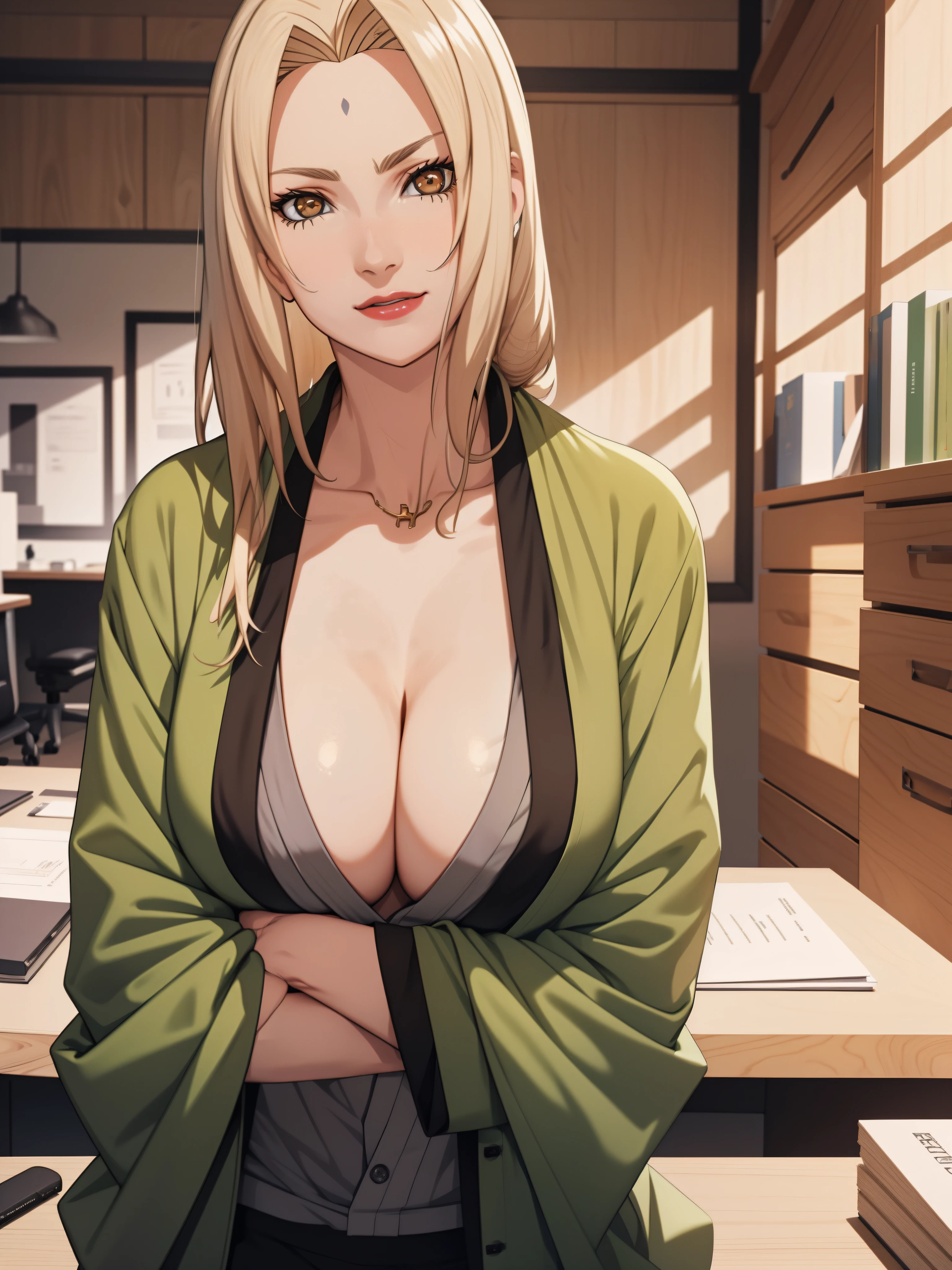 blond hairbl,Golden eyes, Green coat,bust,office desk,office room,sitted,gazing at the camera,ssmile,Redlip,Chest