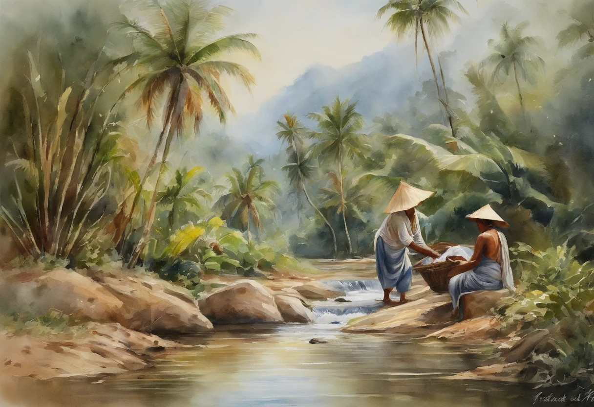 Scenery of old Southeast Asia、Woman bending down to do laundry in the shallow part of a creek、Palm palm、banana trees、masterpiece, best quality, 4k, 8k, realistic、photo realistic、RAW, photo、photography, perfect anatomy
