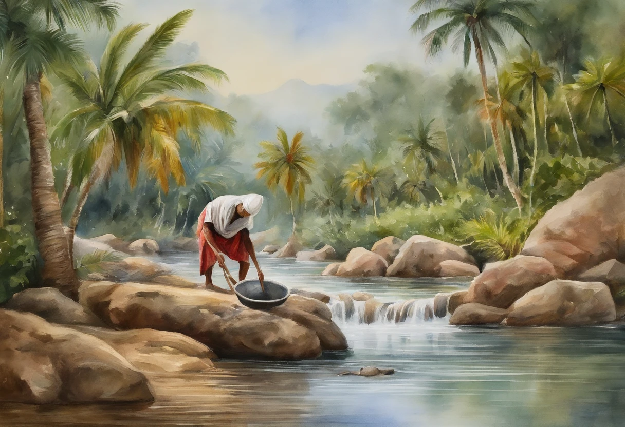 Scenery of old Southeast Asia、Woman bending down to do laundry in the shallow part of a creek、Palm palm、banana trees、masterpiece, best quality, 4k, 8k, realistic、photo realistic、RAW, photo、photography, perfect anatomy