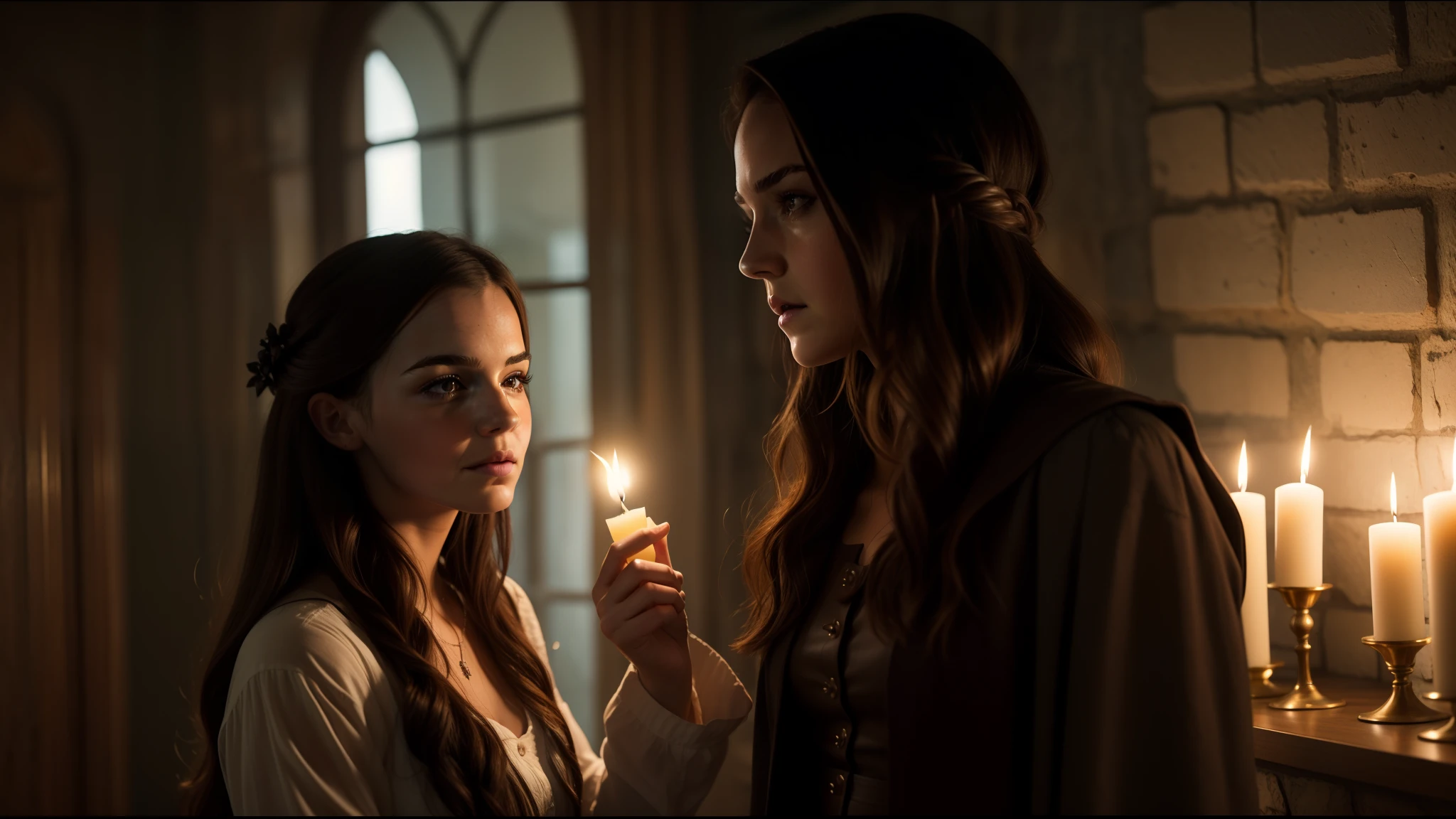 a woman in a dark dress holding a candle in front of a bunch of skulls, emma watson as the queen of ice, emma watson as driada, film still of emma watson, ancient queen emma watson, movie still of emma watson, emma watson in game of thrones, karol bak of emma watson nun, emma watson as a knight