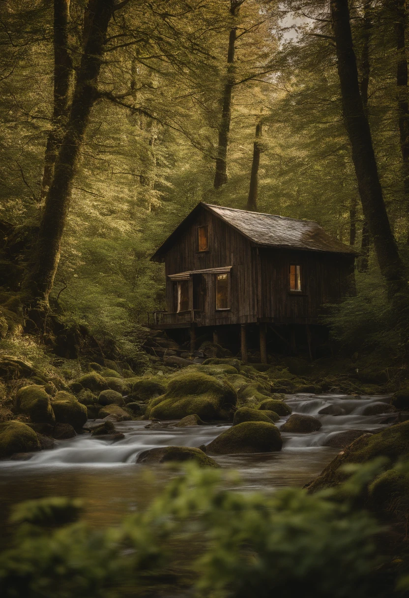 paysage, foret, montagne, chalet, rustique, naturel, coin perdu, nature, sombre, ruisseau, noir et blanc, survie, chasse, peche,