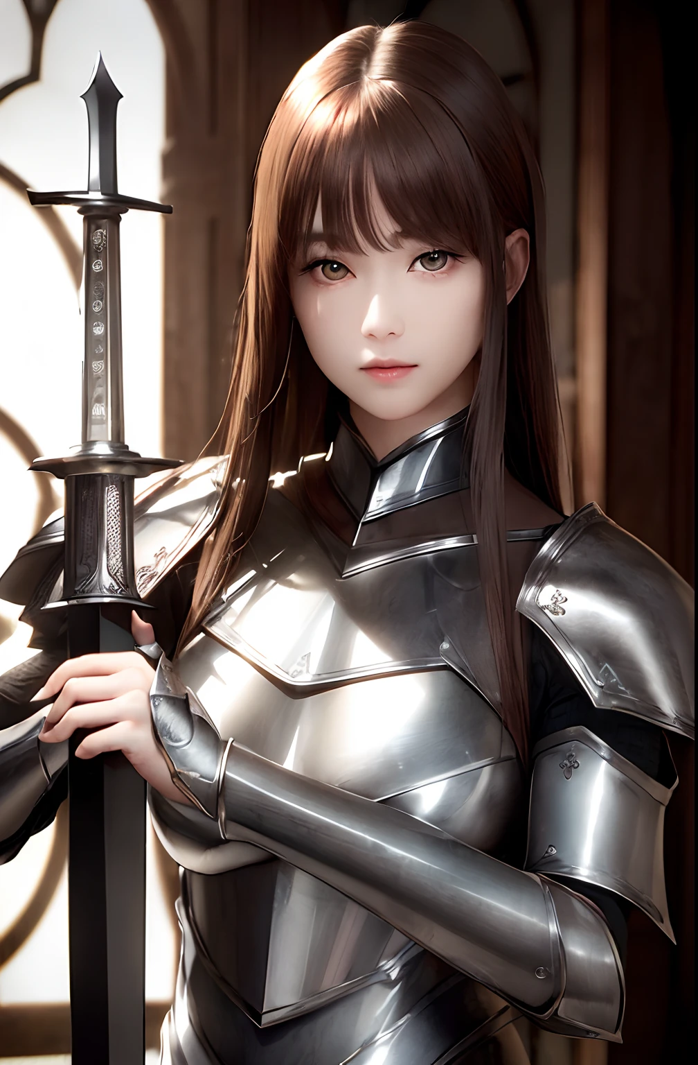 ​masterpiece、(Photorealsitic:1.4)、top-quality、beautiful  lighting、Dark brown hair。Beautuful Women。Beautiful double eyes。Wearing silver armor、Holding a longsword。