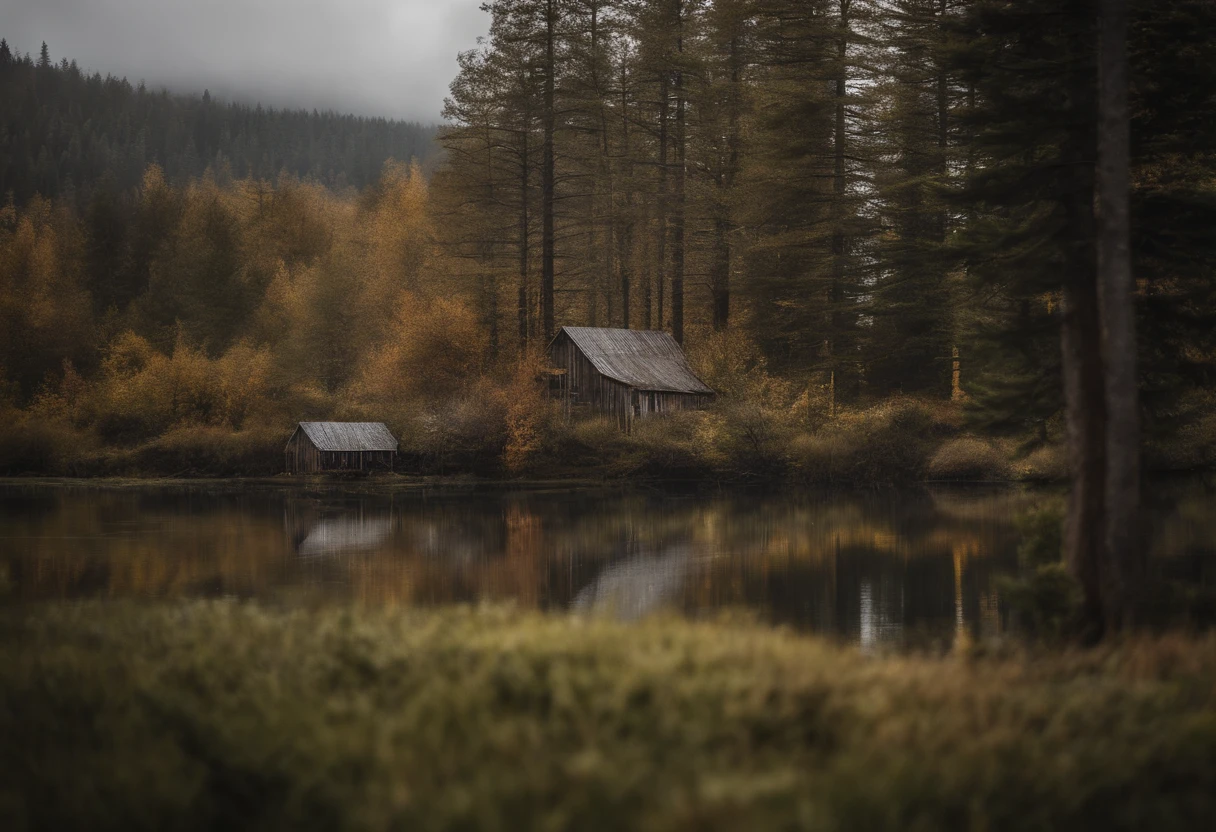 paysage, foret, montagne, chalet, rustique, naturel, coin perdu, nature, sombre, ruisseau, noir et blanc, survie, chasse, peche,