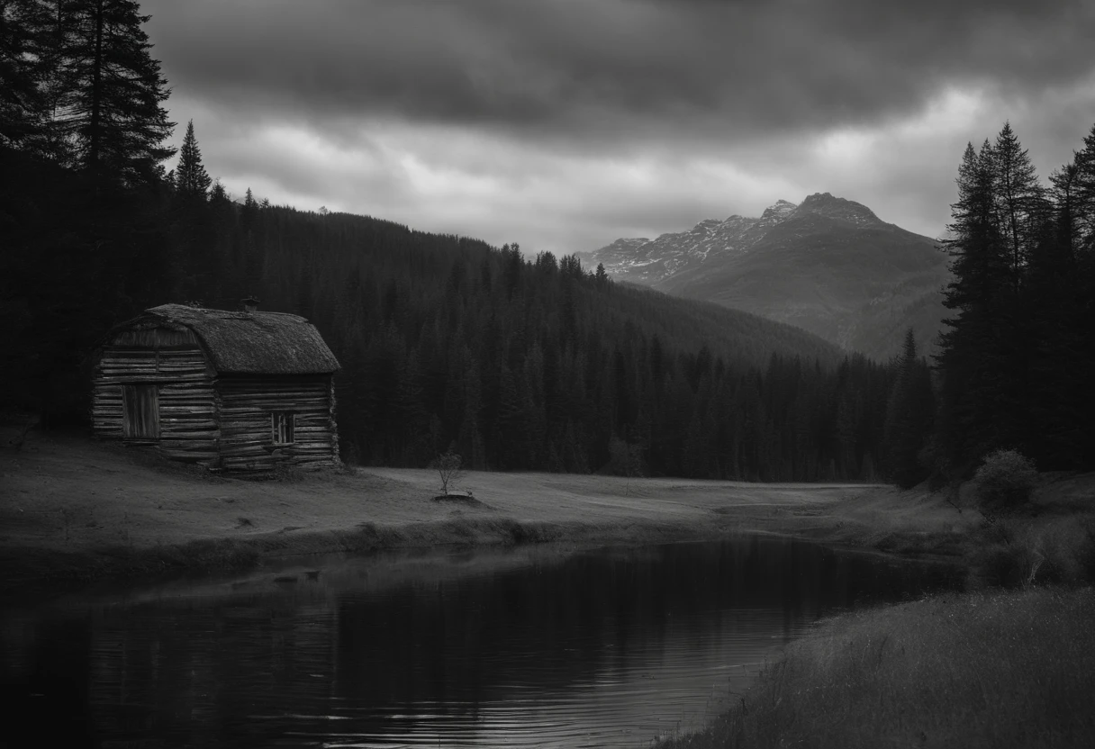 paysage, foret, montagne, chalet, rustique, naturel, coin perdu, nature, sombre, ruisseau, ???? et blanc, survie, chasse, peche,