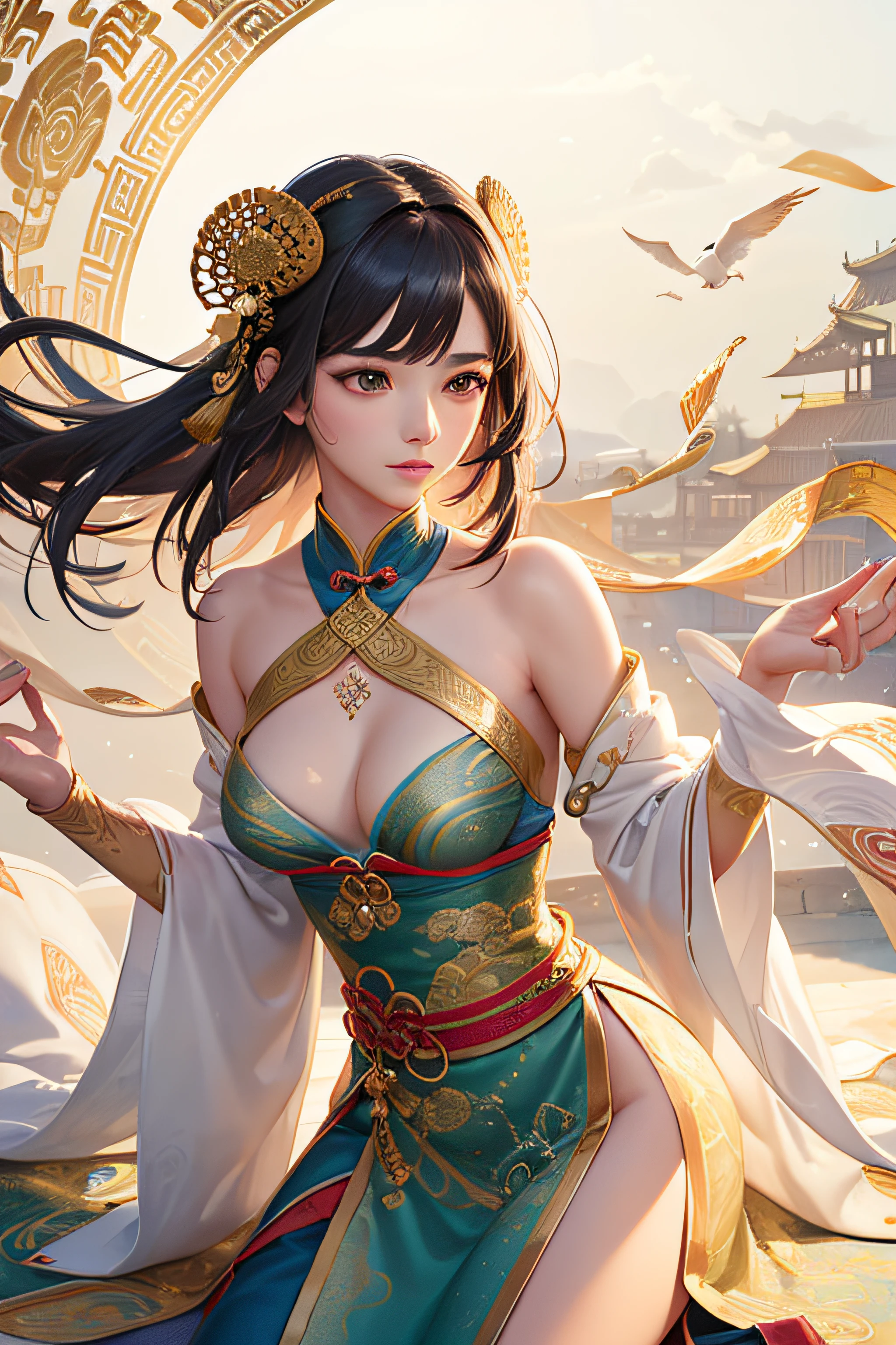 A beautiful dancer in ancient China,delicate lines,gorgeous costumes in ancient China,delicate and vivid,shy face,willow leaf eyebrows,personality depiction,coiled hair,gold leaf,flowing clouds,watercolor,crane surrounding,ink painting,gentle eyes,meticulous, color scheme,exquisite clothing patterns,by Gu, Kaizhi,Zhang Xuan,professional color grading,realistic style,soft shadows,clean and sharp focus,Flim photography,Panoramic View,32K --v 6