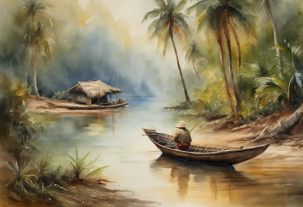 Scenery of old Southeast Asia, Fisherman fishing  in the shallow part of a creek, Palm palm, banana trees, masterpiece, best quality, 4k, 8k,, realistic, photo realistic, RAW, photo, photography, perfect anatomy