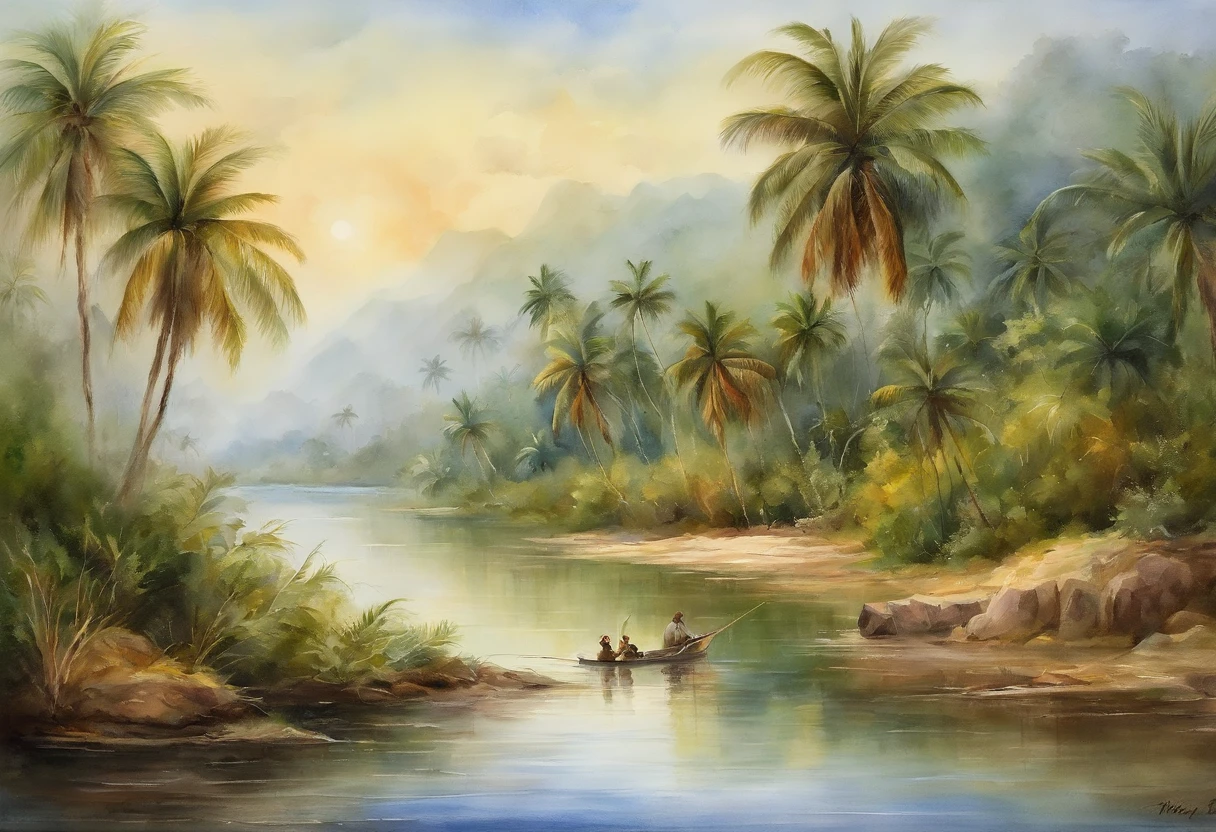 Scenery of old Southeast Asia, Fisherman fishing in the shallow part of a creek, Palm palm, banana trees, masterpiece, best quality, 4k, 8k,, realistic, photo realistic, RAW, photo, photography, perfect anatomy