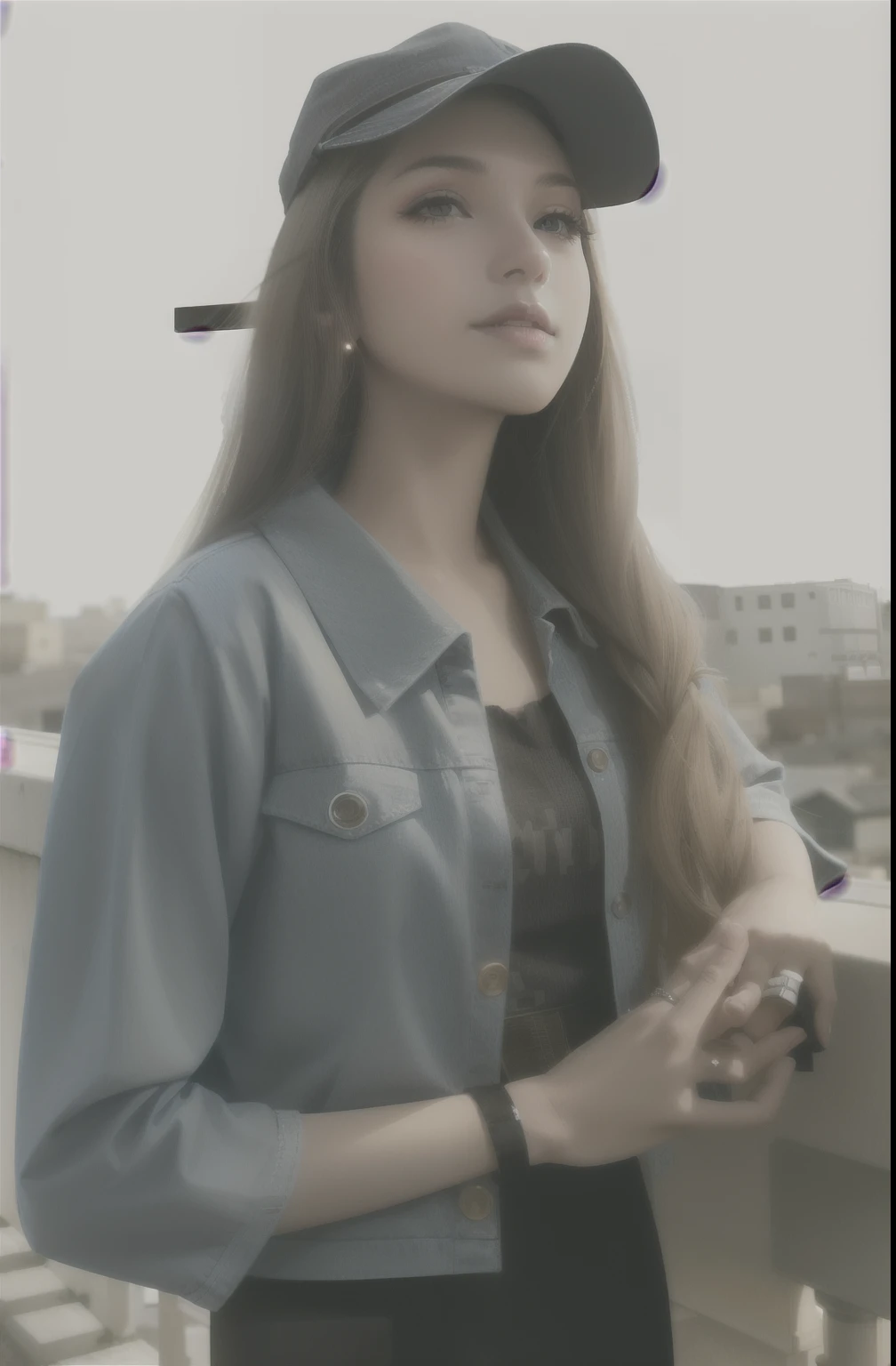 arafed woman in a denim jacket and hat leaning on a railing, girl sitting on a rooftop, on rooftop, beautiful female model, modeling shoot, on a rooftop, side portrait imagery, in a rooftop, woman with braided brown hair, shot on canon eos r 5, shot on canon eos r5, beautiful model, young woman looking up