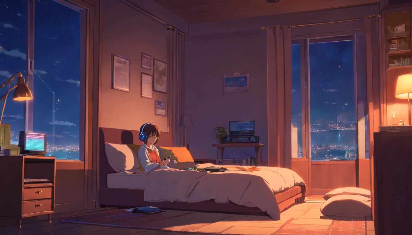 Girl listening to music in a cozy room at night, Usando fones de ouvido, Anime estilo 2D, Lo-fi, altamente detalhado, disco Rigido