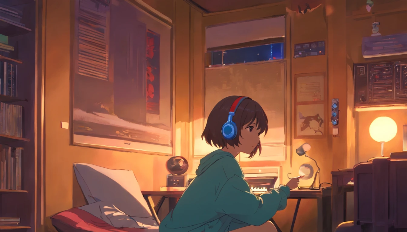 Girl listening to music in a cozy room at night, Usando fones de ouvido, Anime estilo 2D, Lo-fi, altamente detalhado, disco Rigido