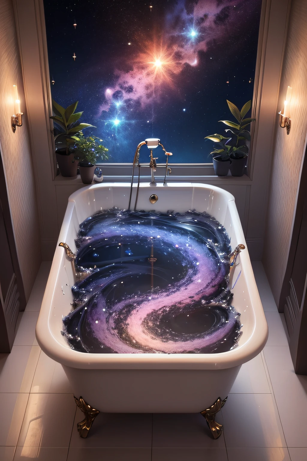A magnificent bathtub filled with water in which we see the very detailed galaxy mingling with the soap bubble