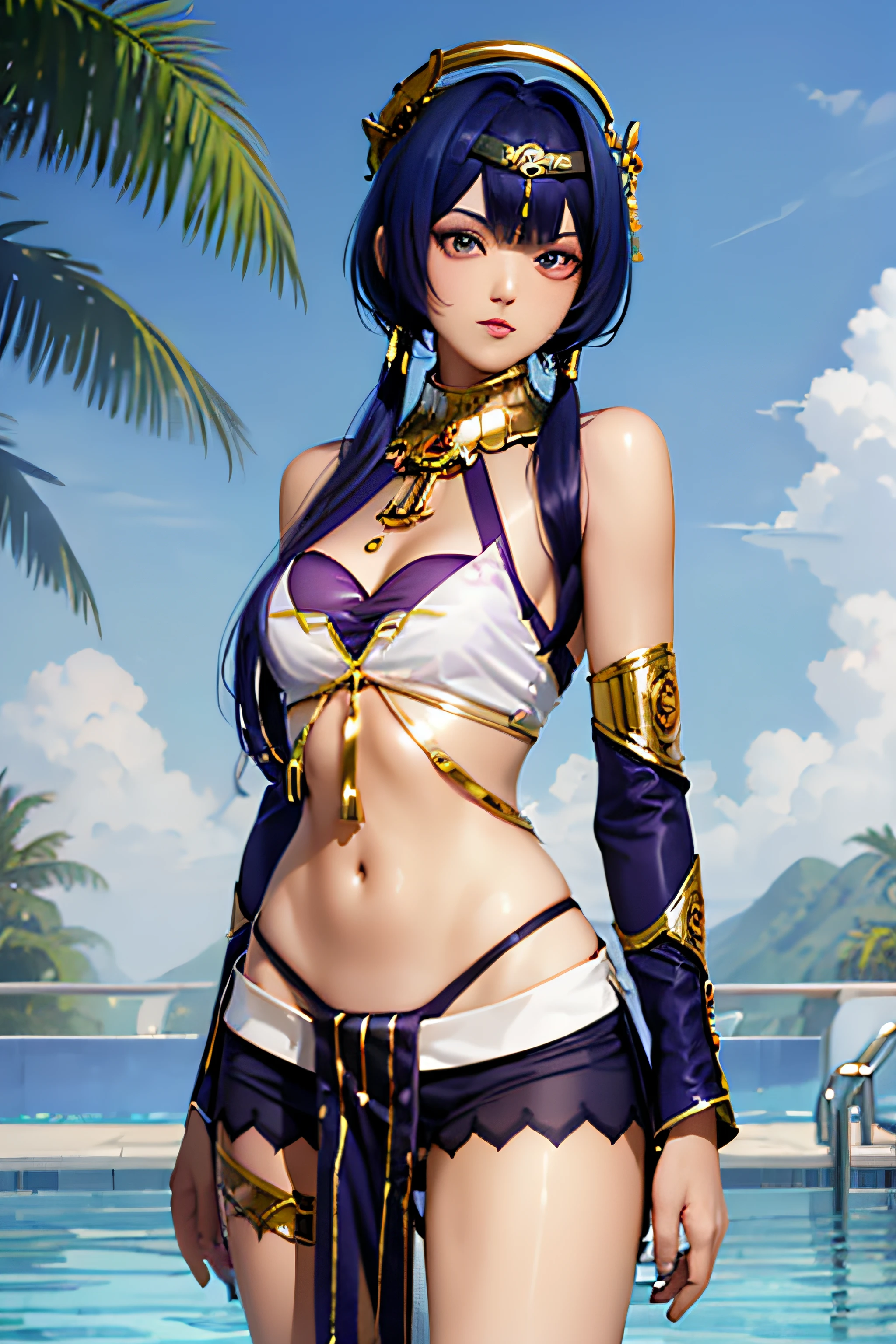 ((candace_genshin)),cowboy shot,(close-up), ((realistic, photorealistic)),((dark skin)), blue hair, bangs,(white tops), ((twintails)), (( hair ornament)), ((bare shoulders)),(purple see-through lace panties),((see-through panties)), jewelry, stomach cutout, navel, detached sleeves,((upper body)),standing, (((best quality, masterpiece))), looking at viewer, outdoors, swimming pool,