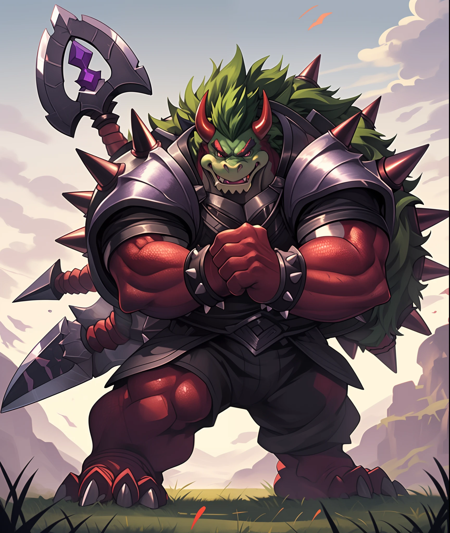 Bowser, bright crimson red scales with black underscales, purple forehead mark on head, grass-like green mane, black shell with purple spikes, arm axe, masterpiece, best quality