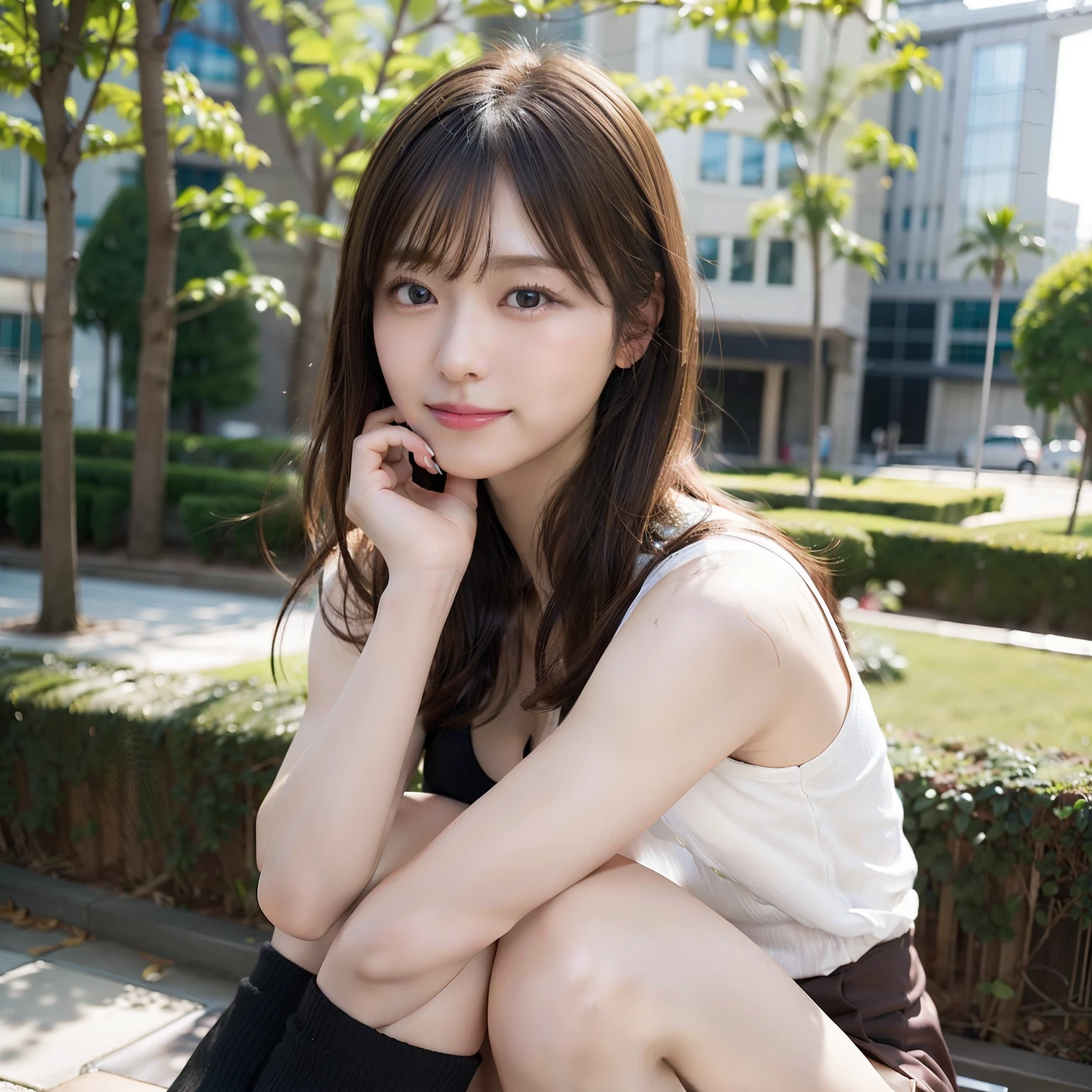 in 8K,Best Quality:1.4, 超A high resolution:1.5, (Photorealistic:1.4),masterpiece:1.2,(top-quality:1.4)、 Raw photo、 (From the knee up:1.8, From Side:0.7), (the background is blurred), a park,FULL BODYSHOT:1.4、 1日本人の女の子, Cute, (Solo), (Shy smile), Smooth skin、TThe shirt、a miniskirt、 (Brown medium hair,Bangs), (touch hair:1.4)、nogizaka、cute little、Supple fingertips,Beautiful black eyes、natural skin textures:1.3, realistic eyes and face details:1.7、middlebreasts、Gravure Pose:1.1、Toned buttocks:1.2、gazing at viewer,thighs thighs thighs thighs、((dynamicposes))、(camel's toe)、(half)、(panthyhose)、(Sitting on legs bending the knees)