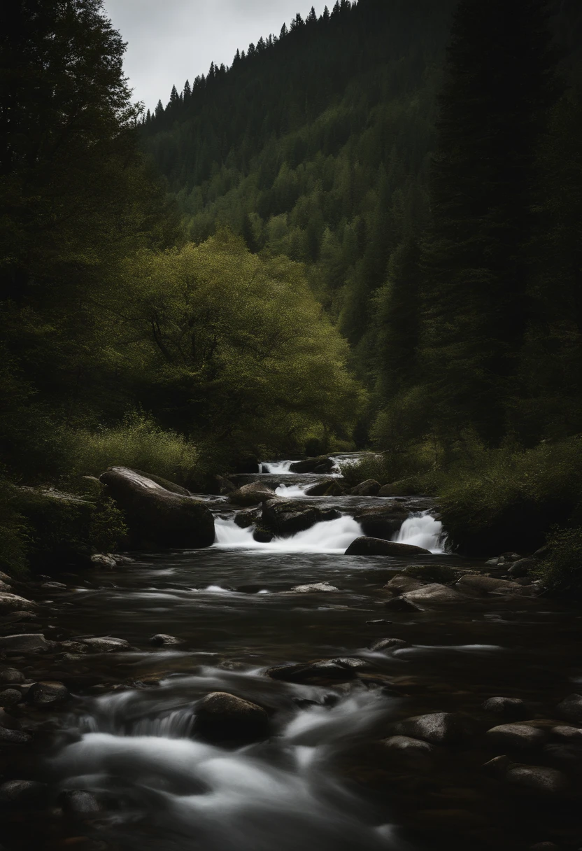 paysage, foret, montagne, chalet, rustique, naturel, coin perdu, nature, sombre, ruisseau, noir et blanc, survie, chasse, peche,