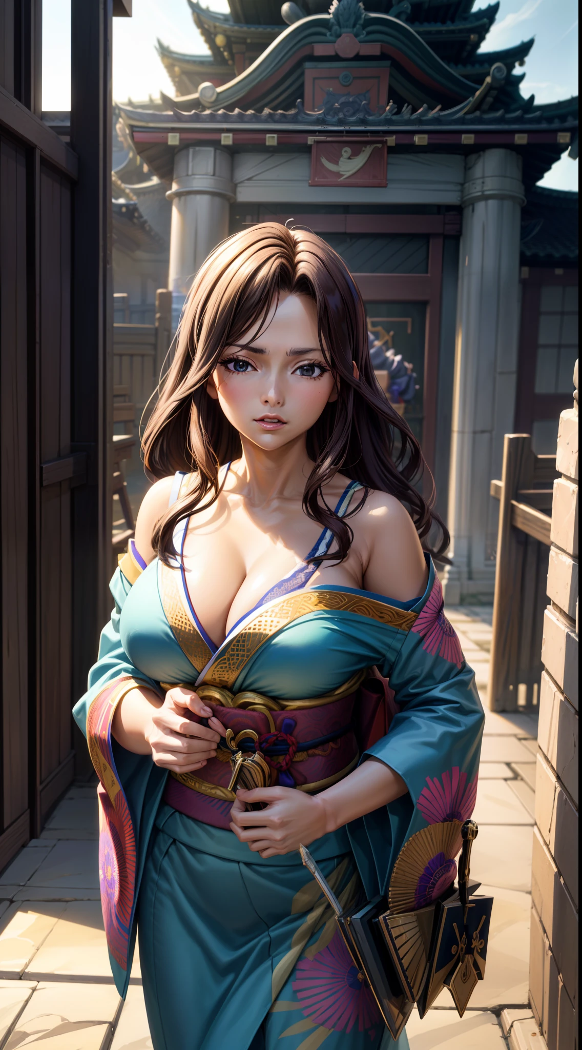 masterpiece, high quality, 8k, best quality, in front of the temple, outdoors,morning,day, sunlight, looking at viewer, wear a kimono, cleavage, big boobs, 1girl, masterpiece, absurdres , cinematic lighting,extremely detailed CG unity 8k wallpaper, cowboy shot, beautiful face, detailed face