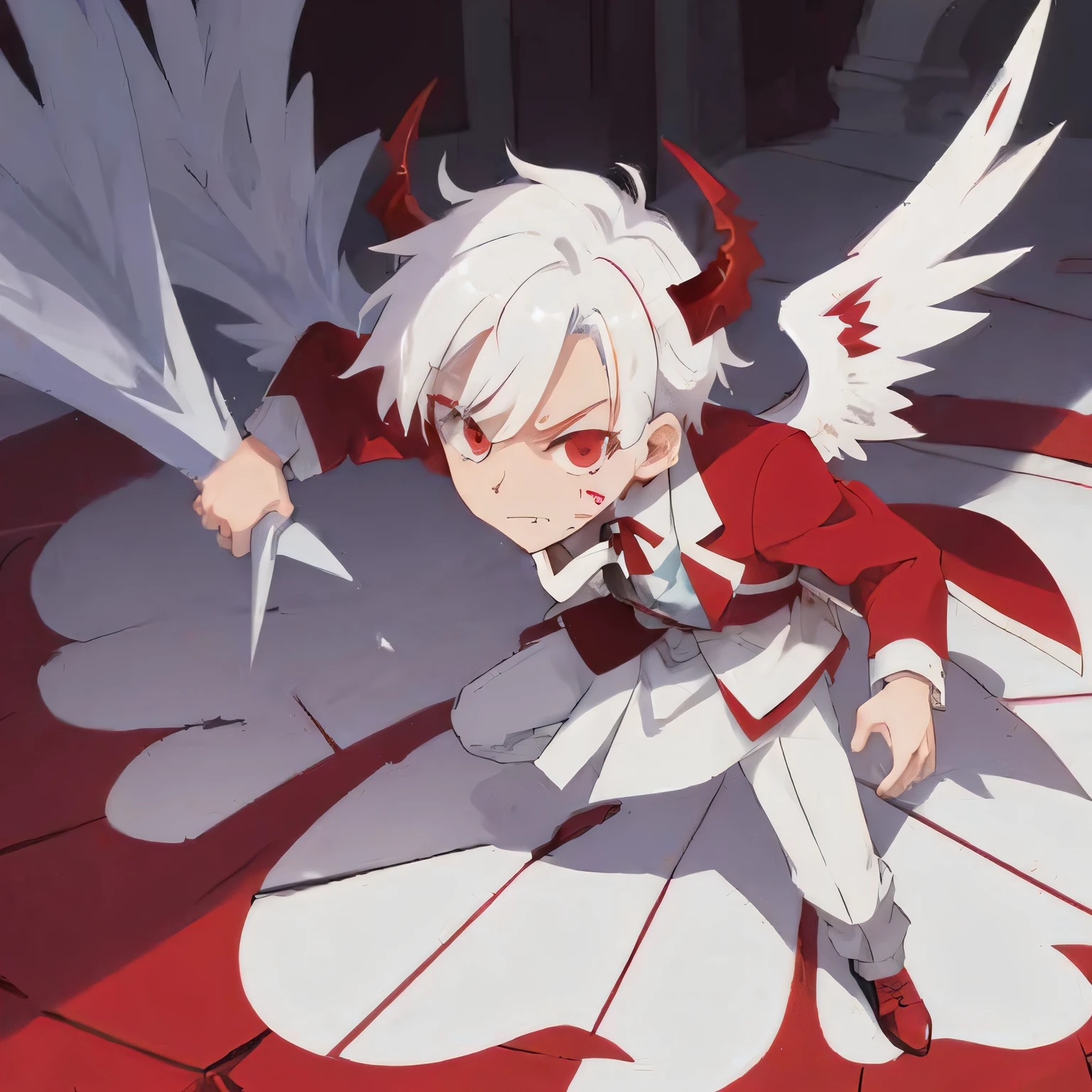 cool -yeld shn anime boy, white hair, red eyey, horns, devil wings, formal clothes, white dress shirt, red waistcoat, fighting pose, in a palace in hell, anime character with white hair and red eyes holding a sword, mika kurai demon,, best anime character design, white and blood color scheme, young wan angel, demon hero, demon boy, lucifer.