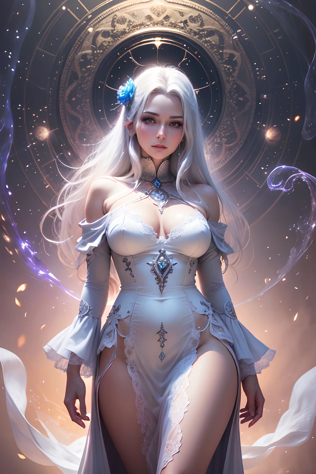 (best quality,4k,8k,highres,masterpiece:1.2), ultra-detailed, (realistic,photorealistic,photo-realistic:1.37), mature milf, illyasviel von einzbern, white hair, full body, vibrant colors, glowing skin, mesmerizing eyes, elegant pose, enchanting background, delicate lace dress, surreal lighting, ethereal atmosphere, mystical aura, intricate details, artistic medium, digital illustration, fantasy, anime