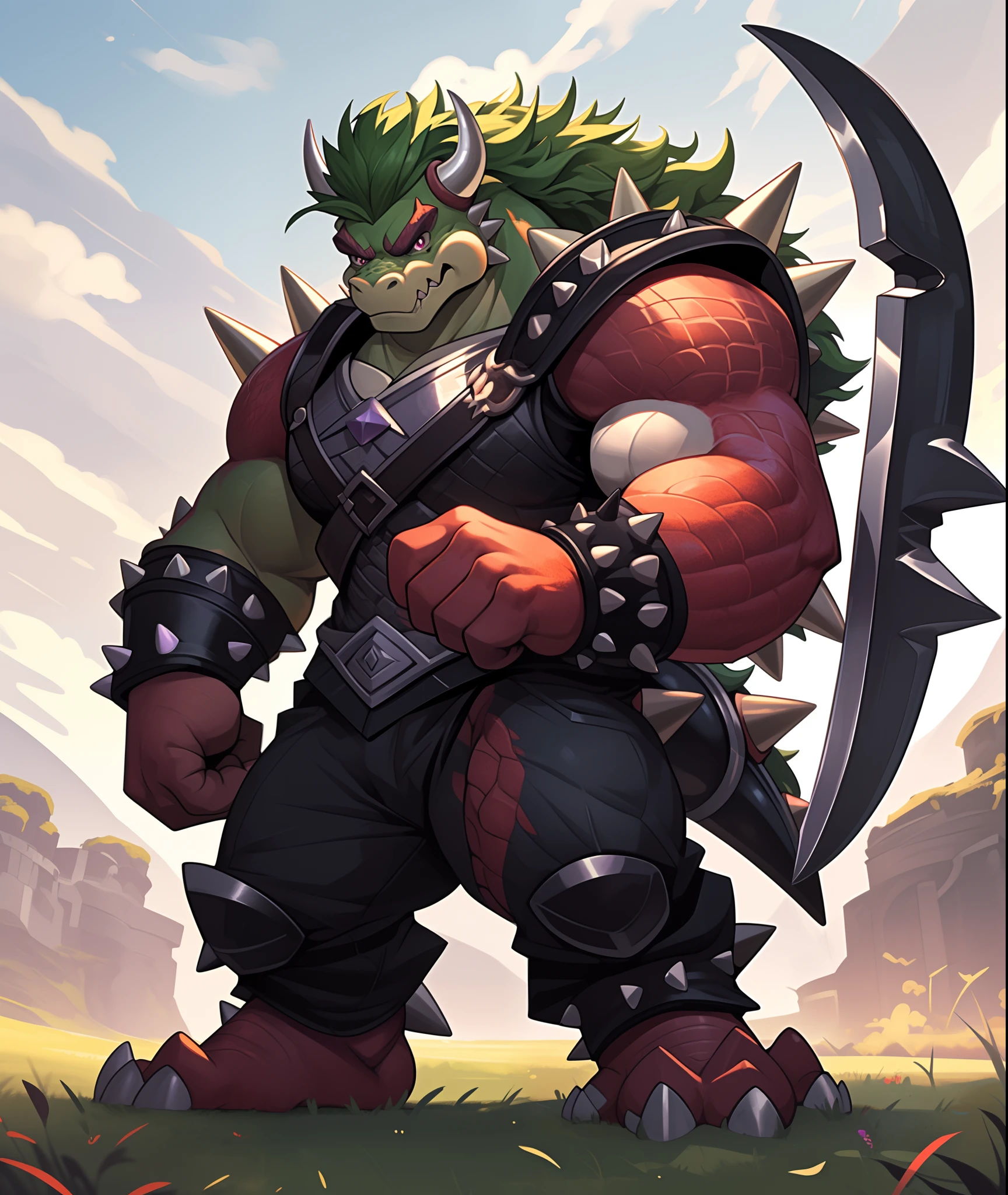 Bowser, bright crimson red scales with black underscales, purple forehead mark on head, grass-like green mane, black shell with purple spikes, arm axe, masterpiece, best quality