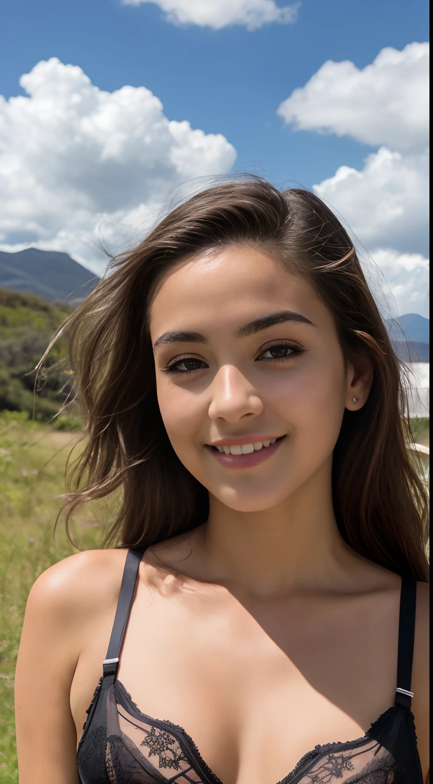 Foto RAW em sequencia, uma foto de uma adolescente 18 anos, (( de corpo, feliz)), lingerie pequena, corpo perfeito, mordendo dedo, rosto detalhado, planos de fundo detalhados pouco desfocados, luzes naturais, HDR, foto realista, foto profissional, flerte com o espectador, visual sexy, fotorrealista, Linda, pele natural, 8k UHD, alta qualidade, filmic grain, Fujifilm XT3