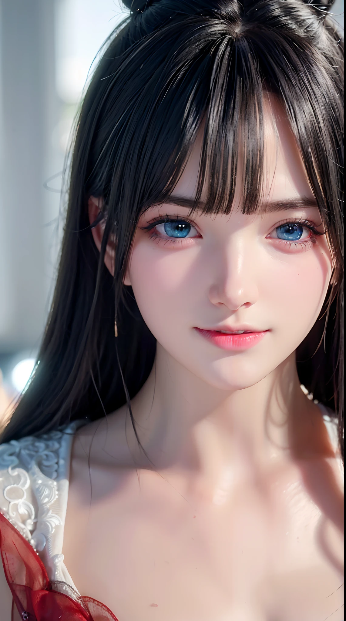 A close up of a woman with long hair and blue eyes - SeaArt AI