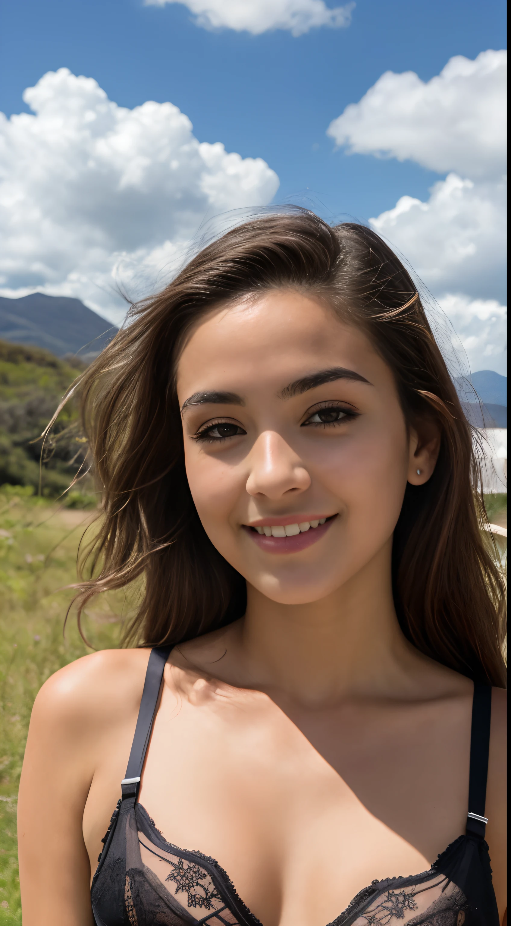 Foto RAW em sequencia, uma foto de uma adolescente 18 anos, (( de corpo, feliz)), lingerie pequena, corpo perfeito, mordendo dedo, rosto detalhado, planos de fundo detalhados pouco desfocados, luzes naturais, HDR, foto realista, foto profissional, flerte com o espectador, visual sexy, fotorrealista, Linda, pele natural, 8k UHD, alta qualidade, filmic grain, Fujifilm XT3
