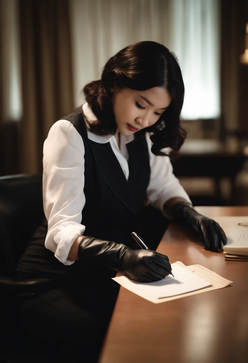 Wearing black leather gloves on both hands, Upper body, Black business suit, Facing a desk in a modern study in the dark, Looking down, Smiling, Use a fountain pen to write a letter, long, Straight black hair, Japan female new employee with young and cute face (Black leather gloves cover both hands)