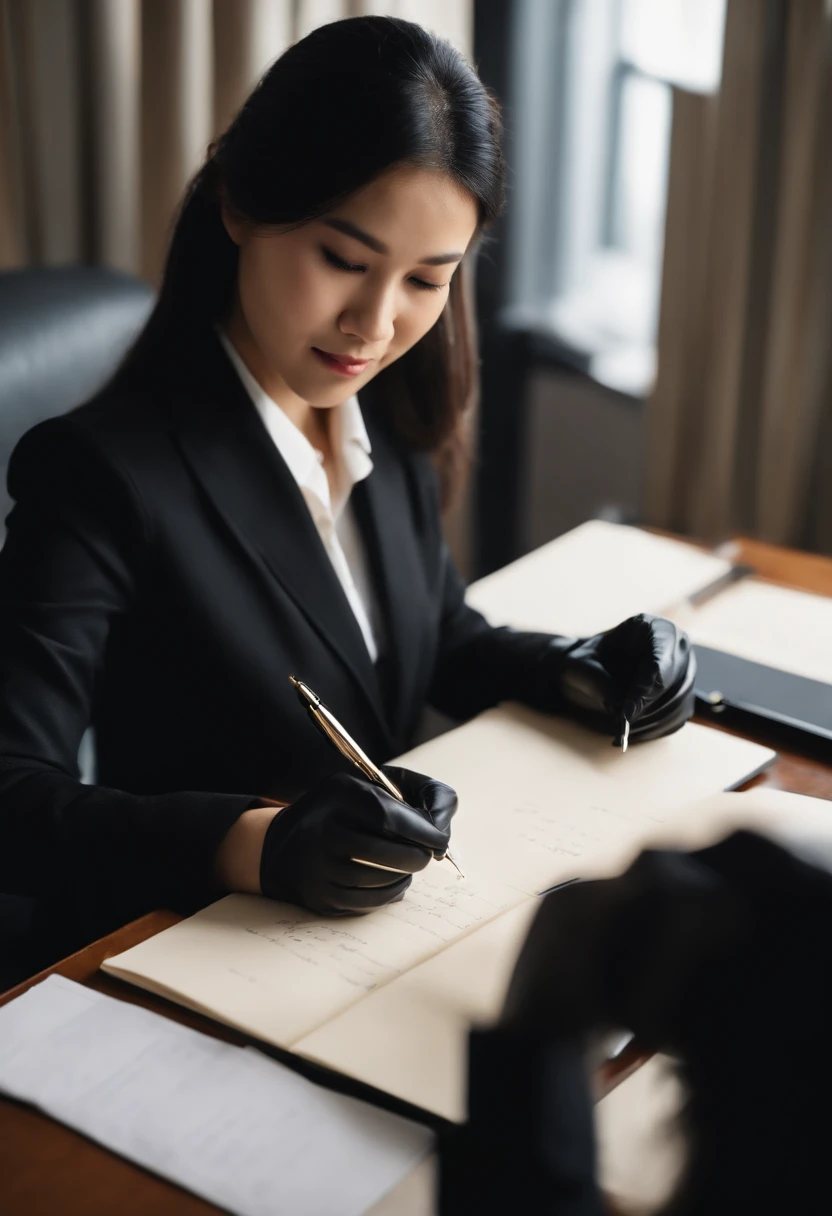 Wearing black leather gloves on both hands, Upper body, Black business suit, Facing a desk in a modern study in the dark, Looking down, Smiling, Use a fountain pen to write a letter, long, Straight black hair, Japan female new employee with young and cute face (Black leather gloves cover both hands)