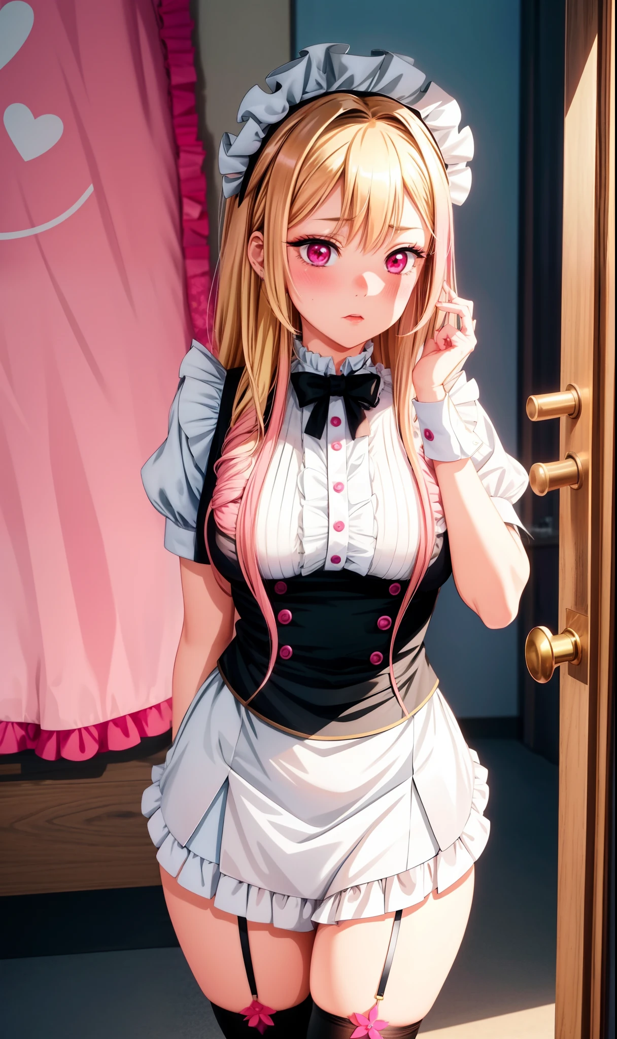 realistic, 1girl, blonde hair, multicoloured hair, pink eyes, black maid uniform, stockings, blush, background grand room