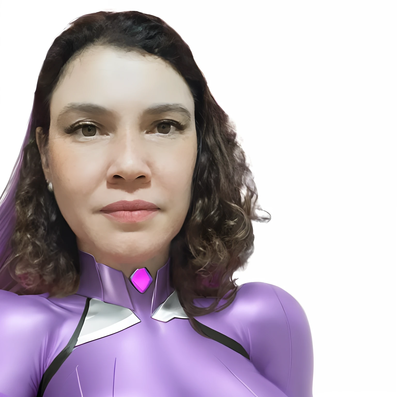 Woman in lilac superheroine outfit